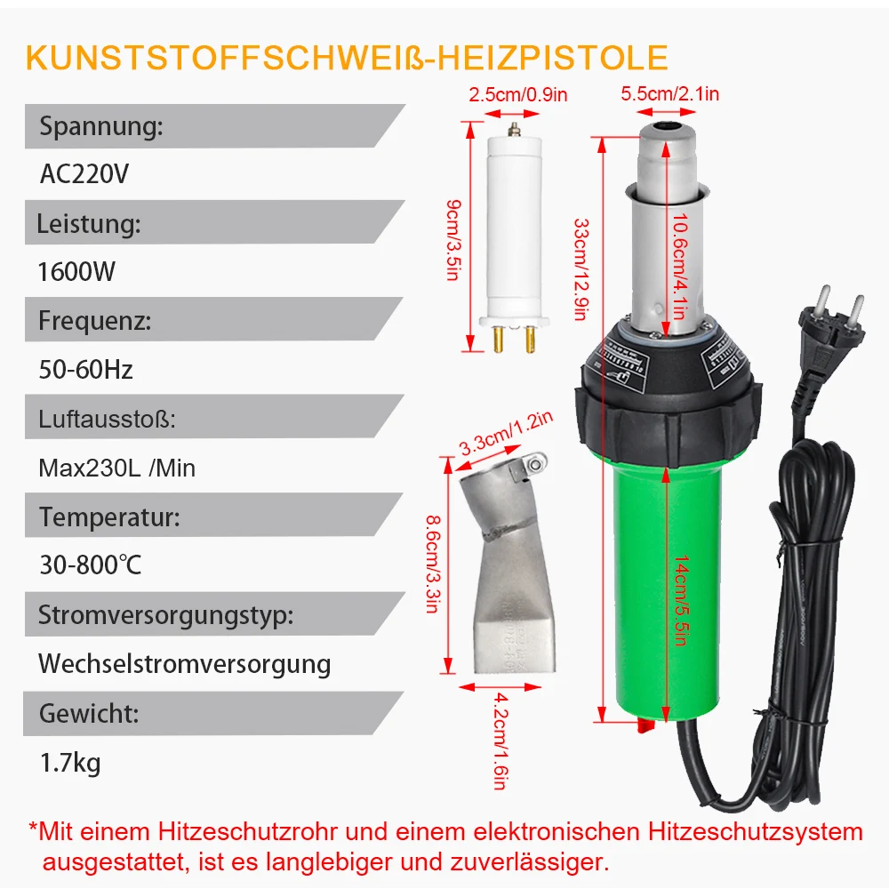 220V 1600W Hot Air Plastic Welding Gun with Nozzle Heating Element and Flat Tip Accessories for PVC PP PE Welding