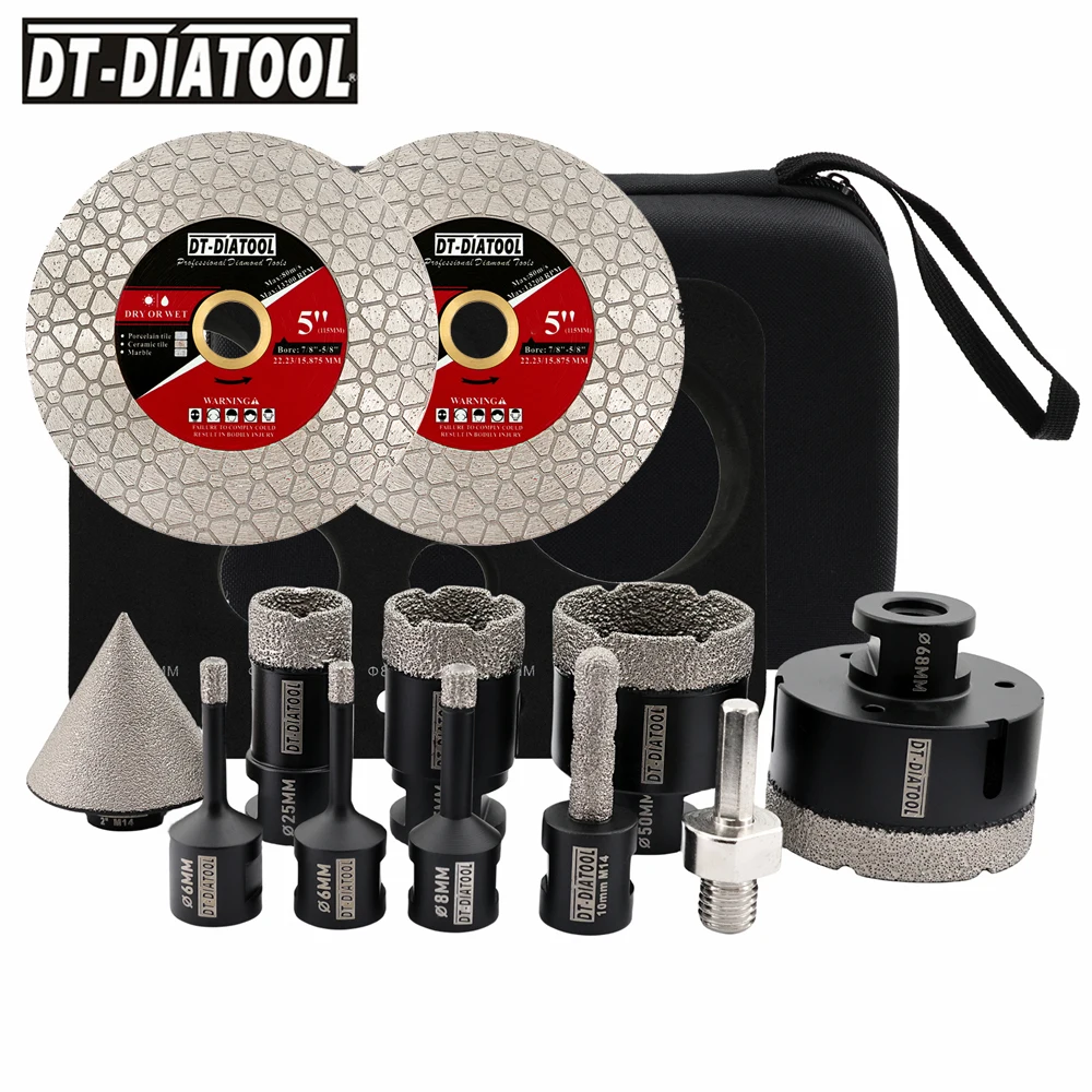 DT-DIATOOL Dry Core Drill Bits Set M14 Thread Milling Bits Chamfer Bits Hex 115/125mm Dics Drilling Ceramic Tile Marble Granite
