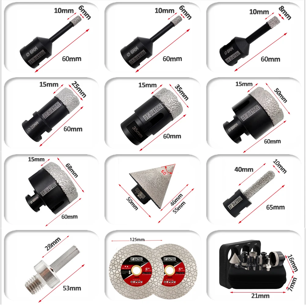 DT-DIATOOL Dry Core Drill Bits Set M14 Thread Milling Bits Chamfer Bits Hex 115/125mm Dics Drilling Ceramic Tile Marble Granite