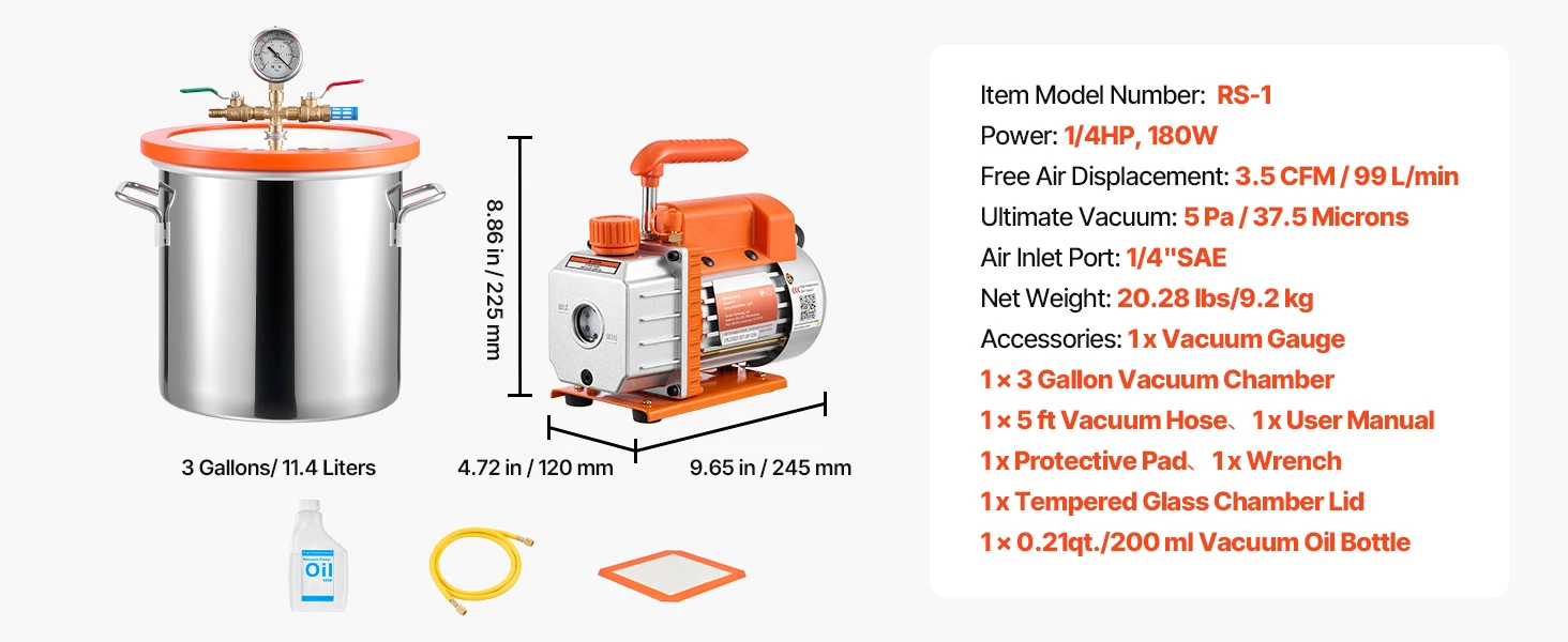 SucceBuy 3 Gallon / 5 Gallon Vacuum Chamber with 3.5 CFM Single Stage Vacuum Pump for Stabilizing Wood Degassing Silicone Resin