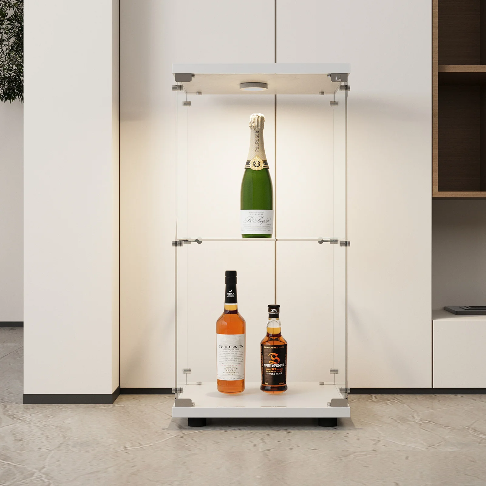 Comanlai 2 Layers, Single Door Glass Display Cabinet with Glass Doors, Standing, Corner Bookcase with LED Lighting