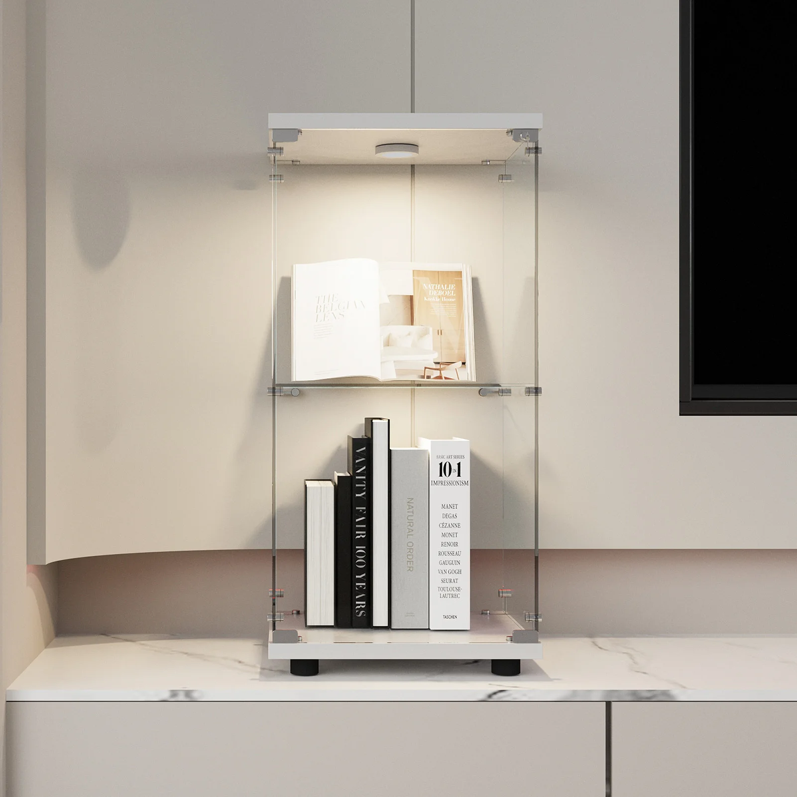 Comanlai 2 Layers, Single Door Glass Display Cabinet with Glass Doors, Standing, Corner Bookcase with LED Lighting