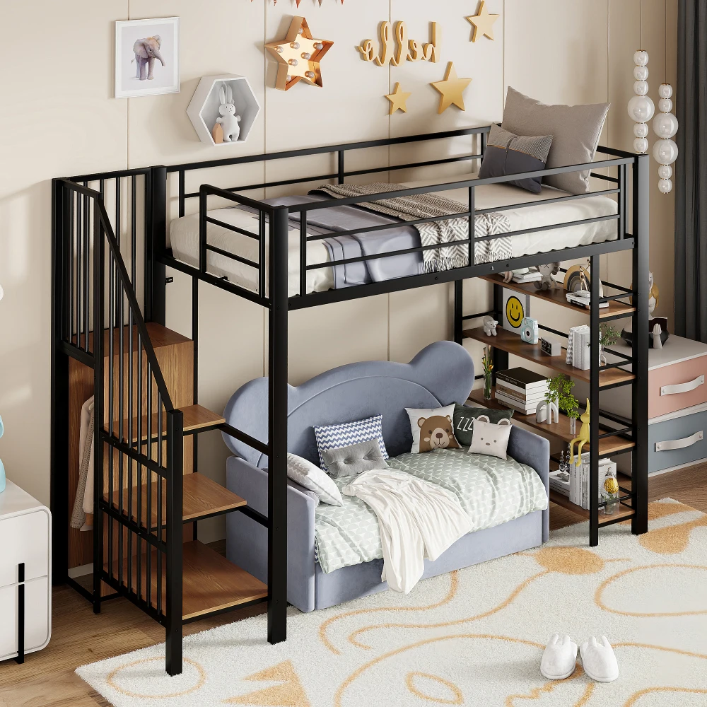 90*200cm High Loft Bed with Safety Staircase, Storage Room & Small Wardrobe, Recessed Floors & Tall Guardrails, Single Bed