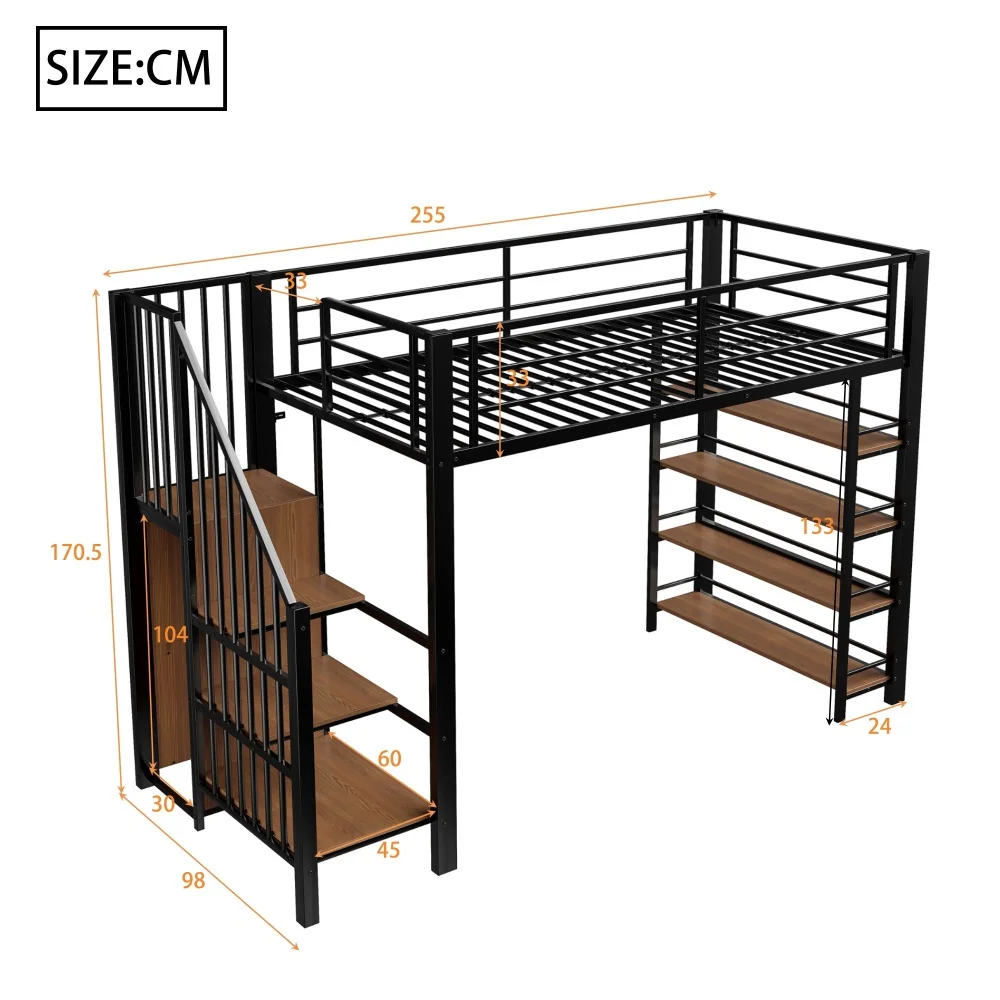 90*200cm High Loft Bed with Safety Staircase, Storage Room & Small Wardrobe, Recessed Floors & Tall Guardrails, Single Bed