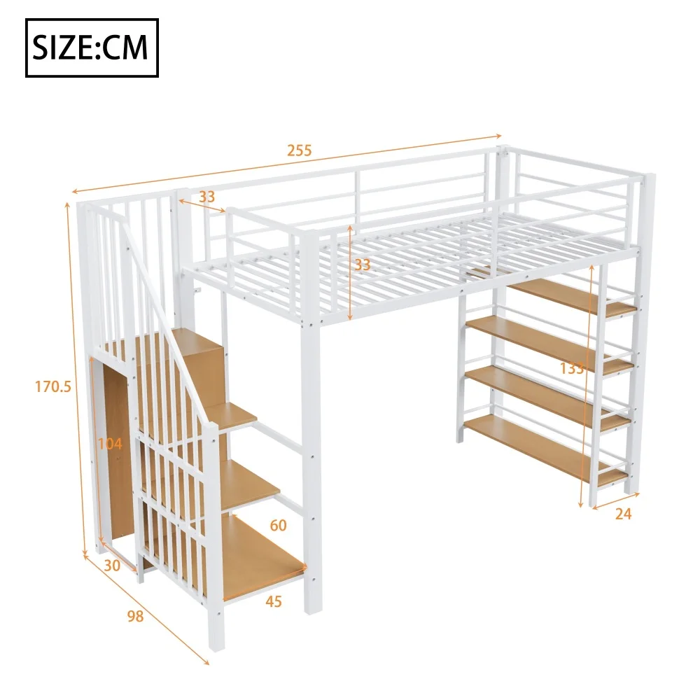 90*200cm High Loft Bed with Safety Staircase, Storage Room & Small Wardrobe, Recessed Floors & Tall Guardrails, Single Bed