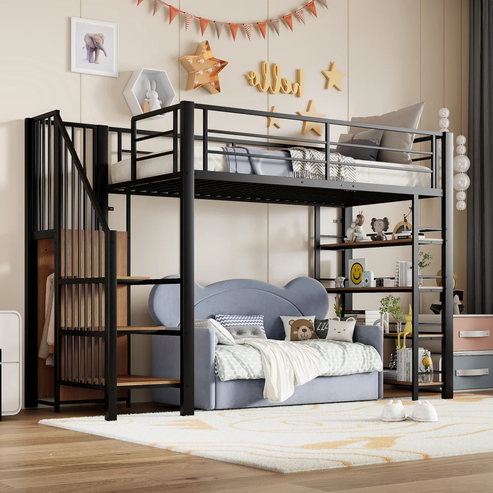 90*200cm High Loft Bed with Safety Staircase, Storage Room & Small Wardrobe, Recessed Floors & Tall Guardrails, Single Bed