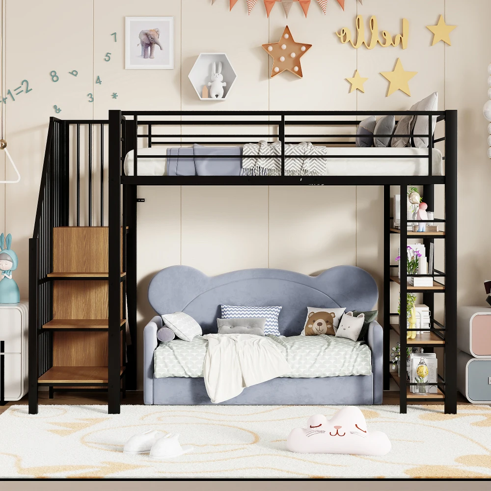 90*200cm High Loft Bed with Safety Staircase, Storage Room & Small Wardrobe, Recessed Floors & Tall Guardrails, Single Bed