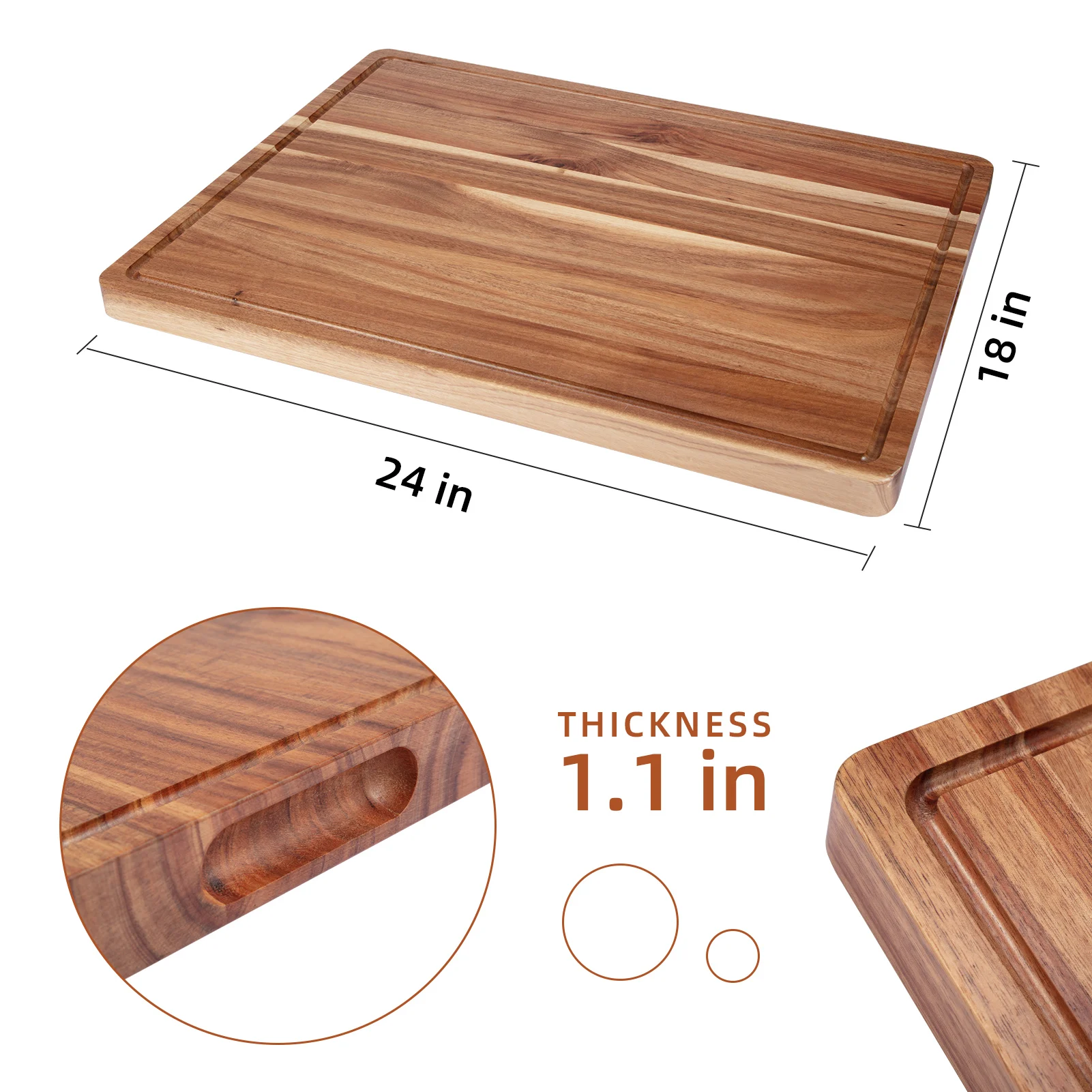 Acacia Wood Cutting Board Thick Butcher Block Reversible Wooden Kitchen Block Cheese Board with Side Handles and Juice Grooves