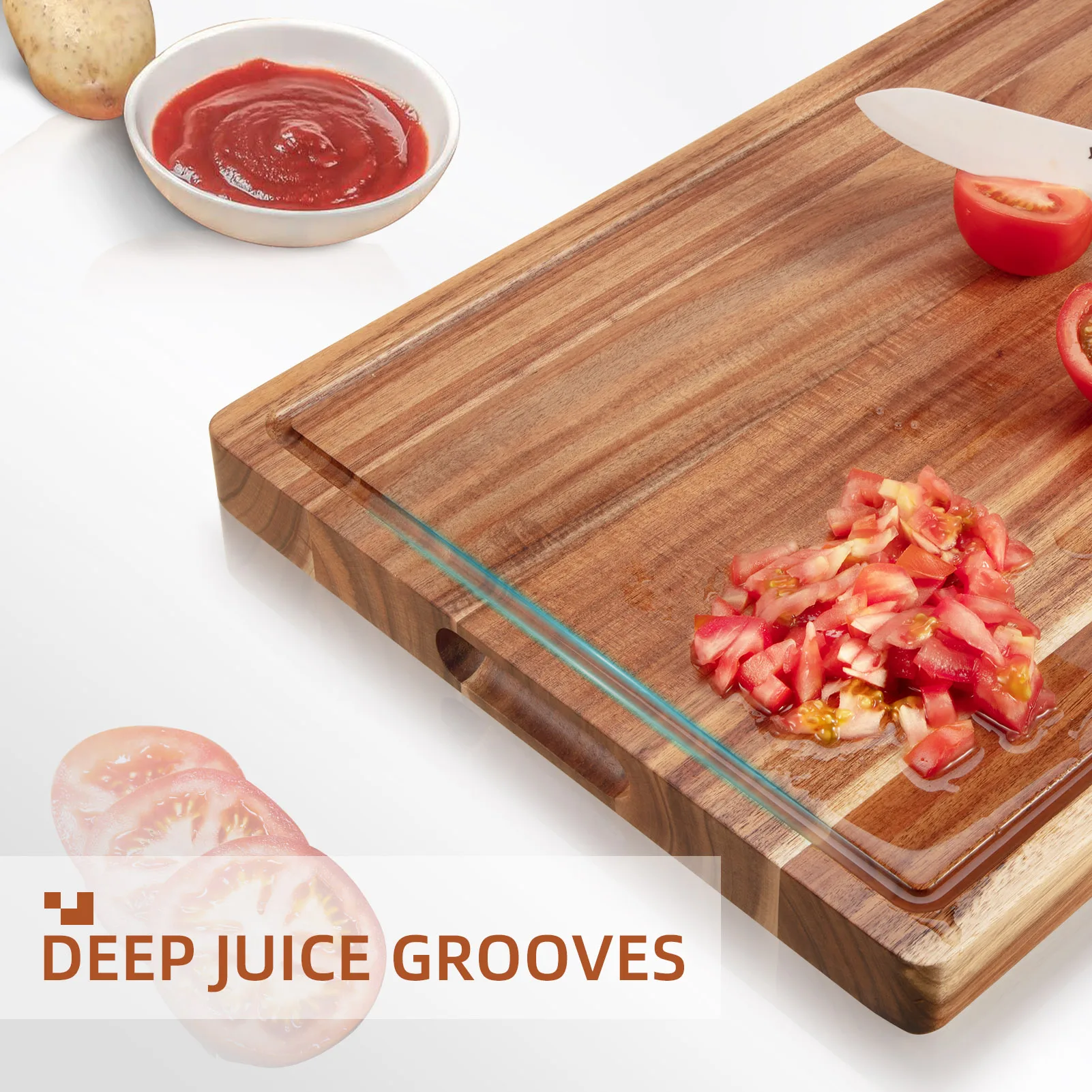 Acacia Wood Cutting Board Thick Butcher Block Reversible Wooden Kitchen Block Cheese Board with Side Handles and Juice Grooves