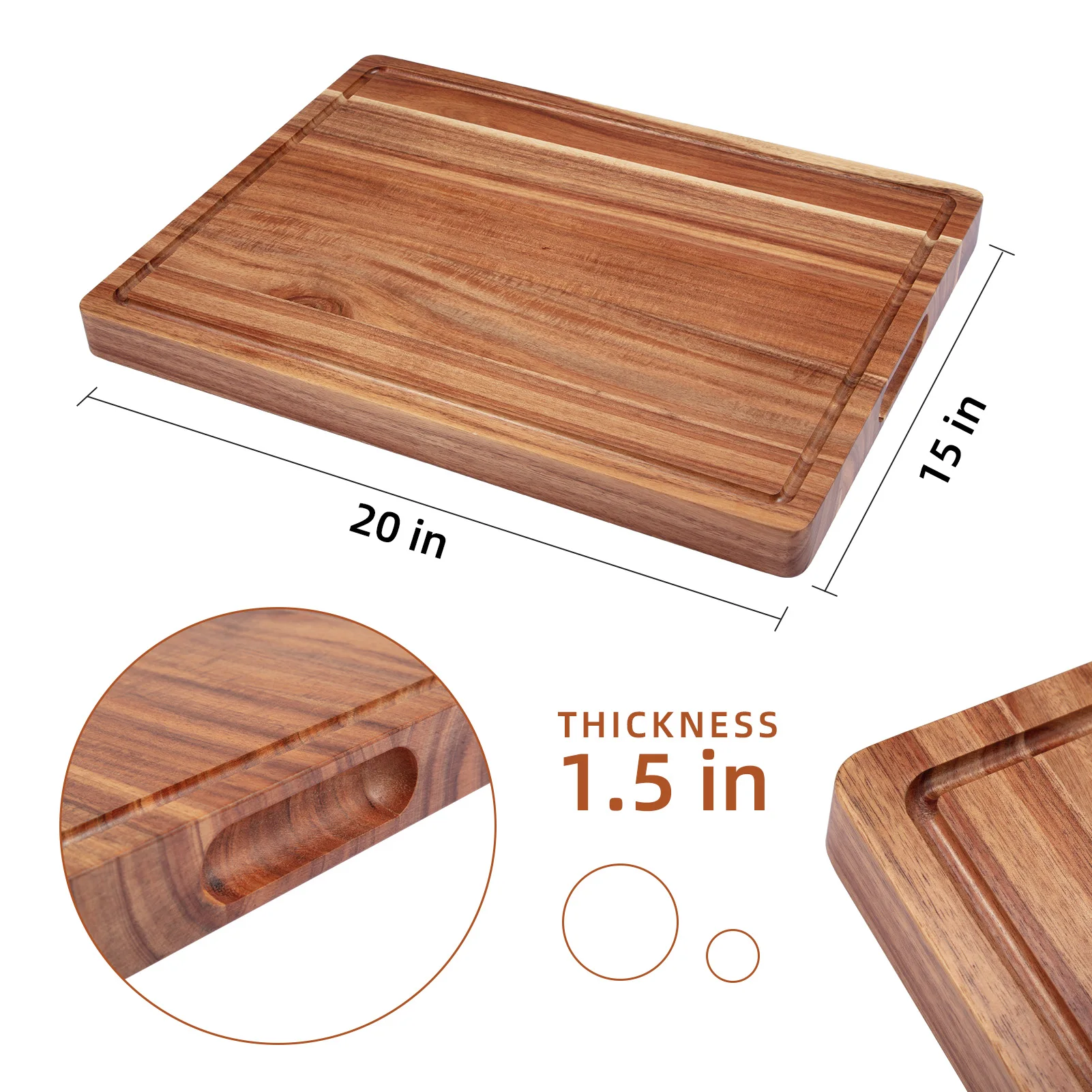 Acacia Wood Cutting Board Thick Butcher Block Reversible Wooden Kitchen Block Cheese Board with Side Handles and Juice Grooves
