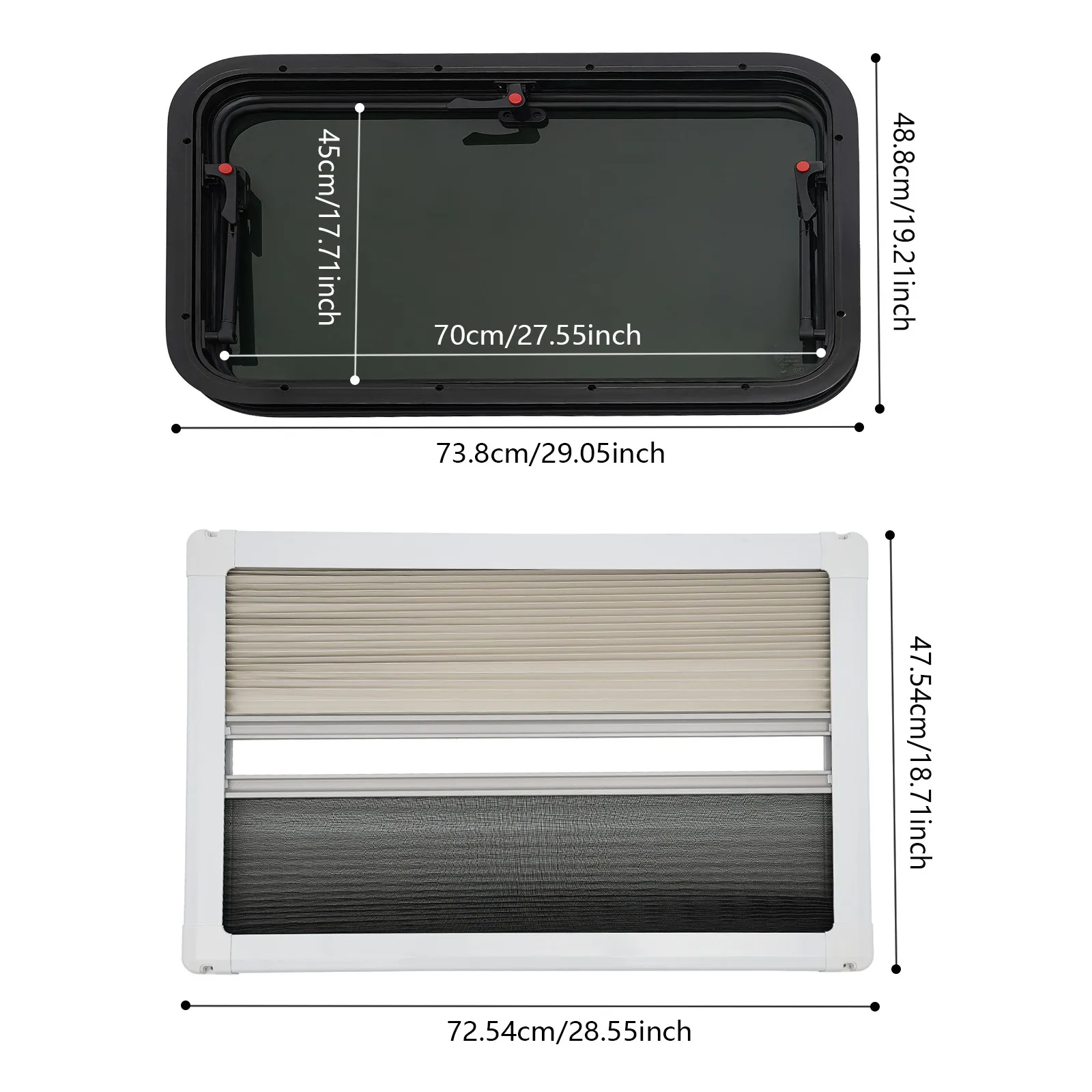 RV Push Out Window 70x45cm Tempered Glass with Built-in Sunshade Screen for Camper Van Trailer Motorhome Replacement