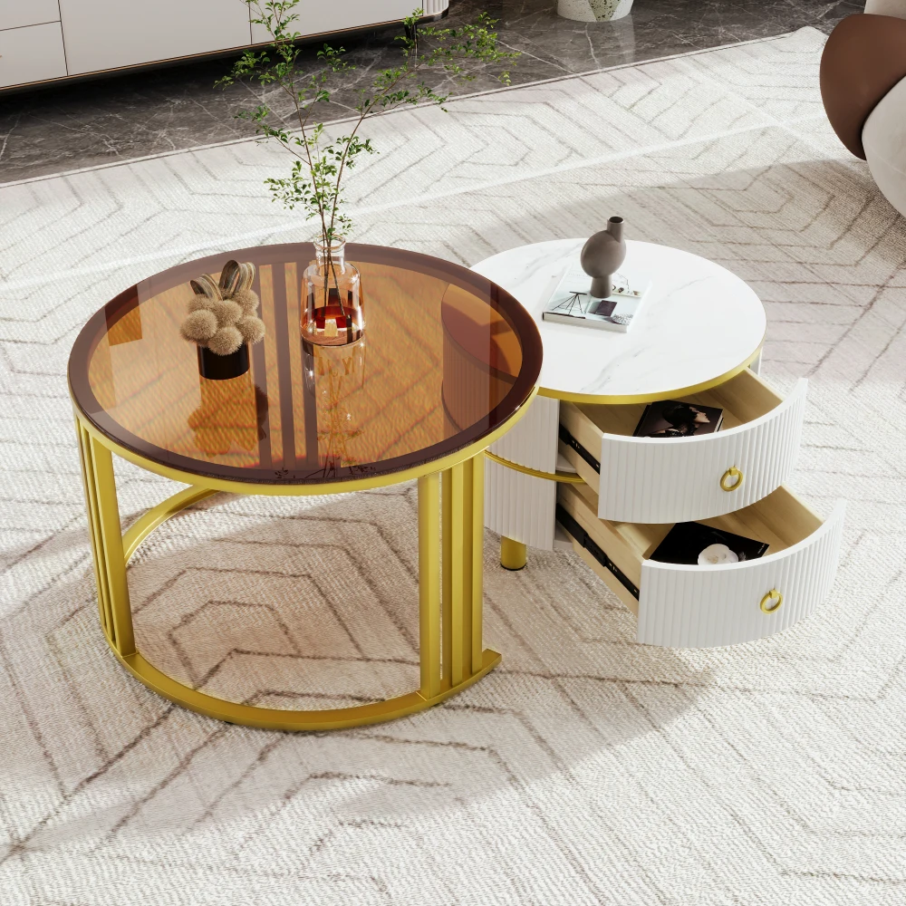 2-in-1 Round Nesting Coffee Table Set MDF with Tempered Glass 2 Storage Drawers Coffee Table Combination 70*70*45+50*50*40cm