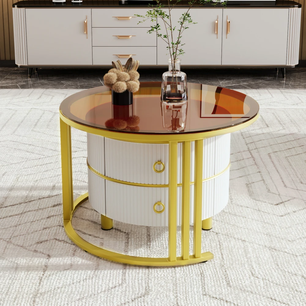 2-in-1 Round Nesting Coffee Table Set MDF with Tempered Glass 2 Storage Drawers Coffee Table Combination 70*70*45+50*50*40cm