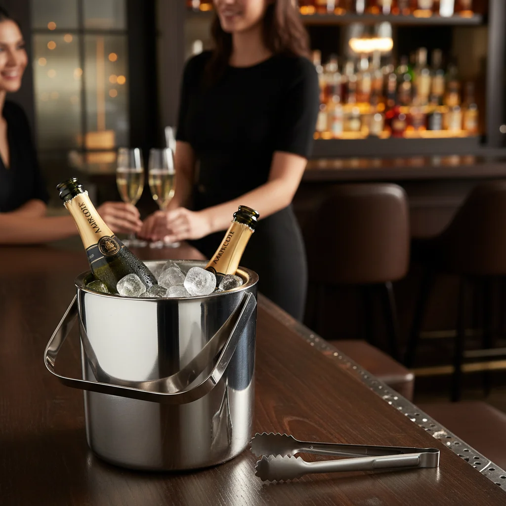 Double-Wall Insulated Ice Bucket 304 Stainless Steel Cocktail Cooler with Ice Tongs & Strainer, For Party BBQ Bar Outdoor Picnic