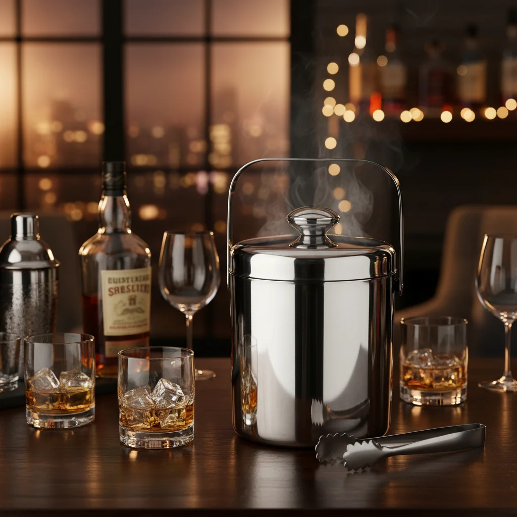 Double-Wall Insulated Ice Bucket 304 Stainless Steel Cocktail Cooler with Ice Tongs & Strainer, For Party BBQ Bar Outdoor Picnic