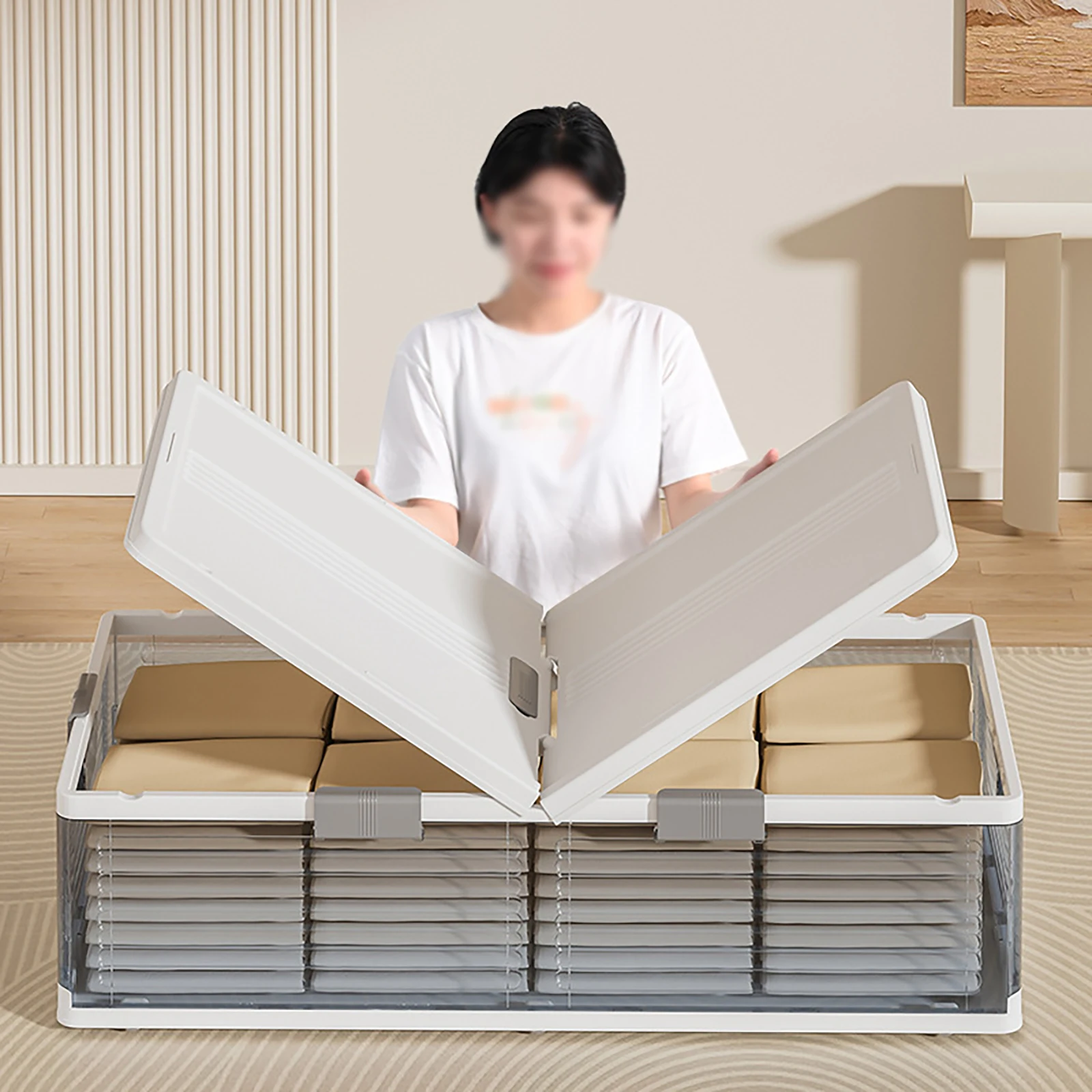 Under Bed Storage Box with Wheels & Lids 101*51.5*24cm Foldable Organizer 6 Locking Buckles Dust Proof for Blankets Clothes Toys