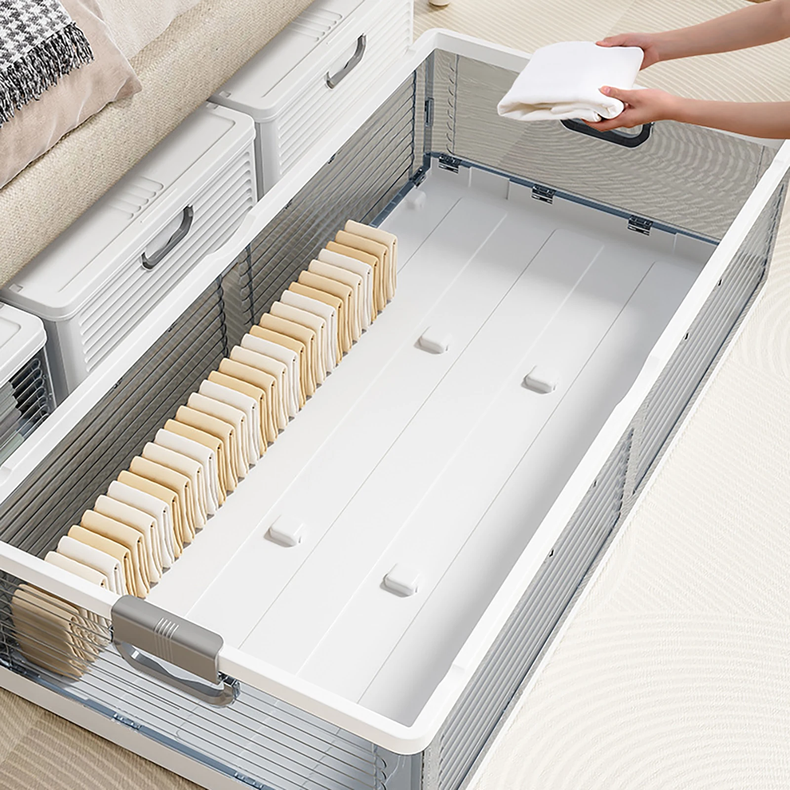 Under Bed Storage Box with Wheels & Lids 101*51.5*24cm Foldable Organizer 6 Locking Buckles Dust Proof for Blankets Clothes Toys