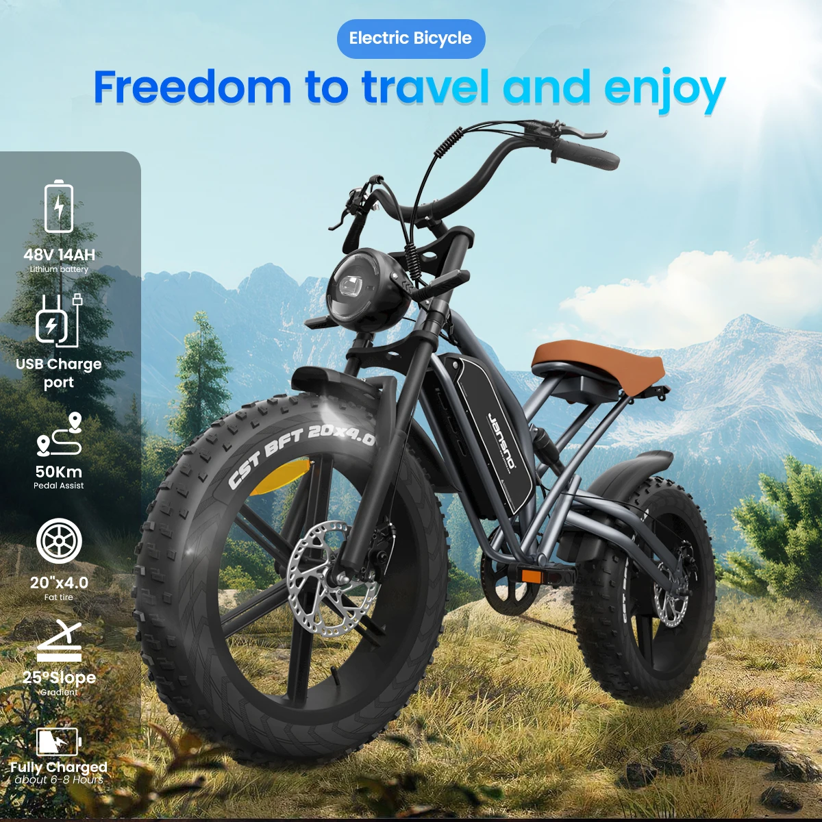 JANSNO X50 Adult Electric Bicycle 20×4 Fat Tire All Terrain E-Bike 48V 17AH Removable Battery 750W 7-Speed Off-Road Ebike