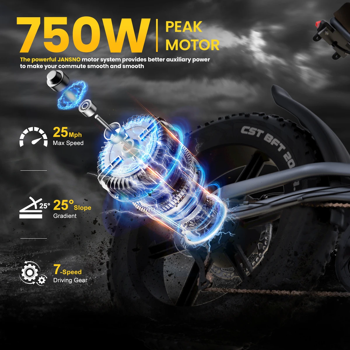 JANSNO X50 Adult Electric Bicycle 20×4 Fat Tire All Terrain E-Bike 48V 17AH Removable Battery 750W 7-Speed Off-Road Ebike