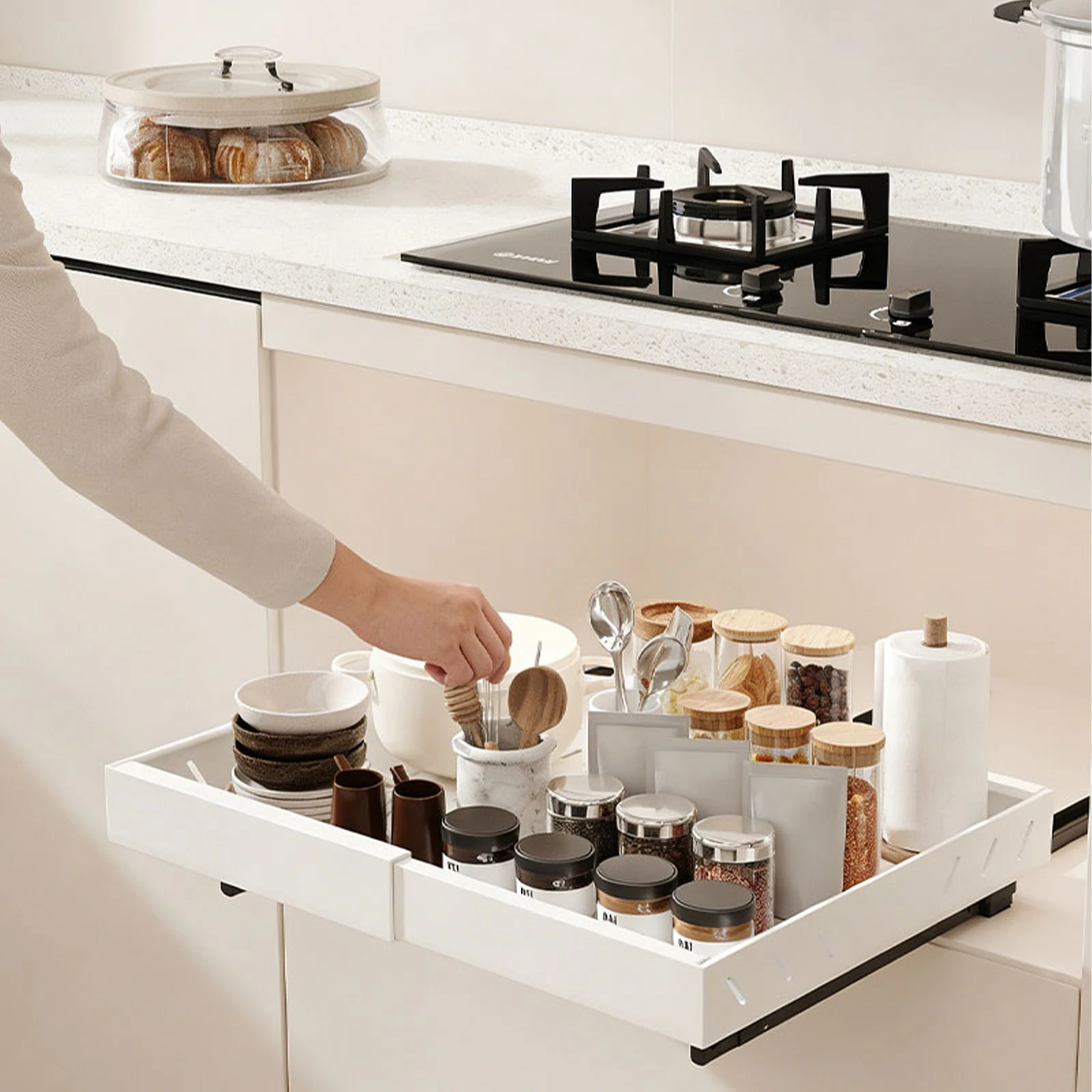 1/2/4pcs Kitchen Storage Rack Slide Drawer Storage Tray Seasoning Bottle Spice Pull Out Cabinet Drawers Telescopic 32-52cm Rack