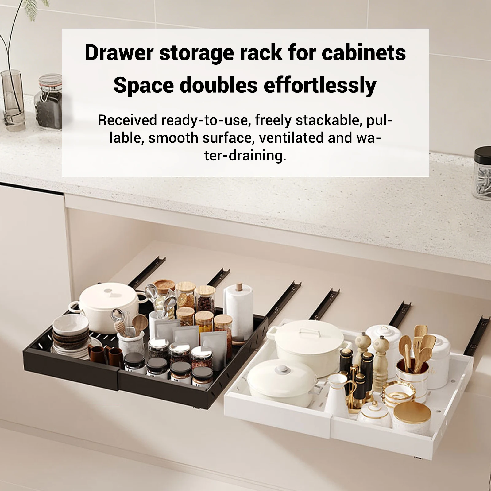 1/2/4pcs Kitchen Storage Rack Slide Drawer Storage Tray Seasoning Bottle Spice Pull Out Cabinet Drawers Telescopic 32-52cm Rack