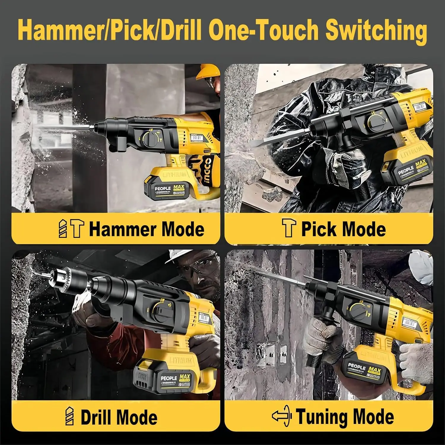 26MM Electric Hammer Drill Brushless Multifunctional Rotary High-Power Cordless Rechargeable Power Tools Fit Dewalt 18V Battery