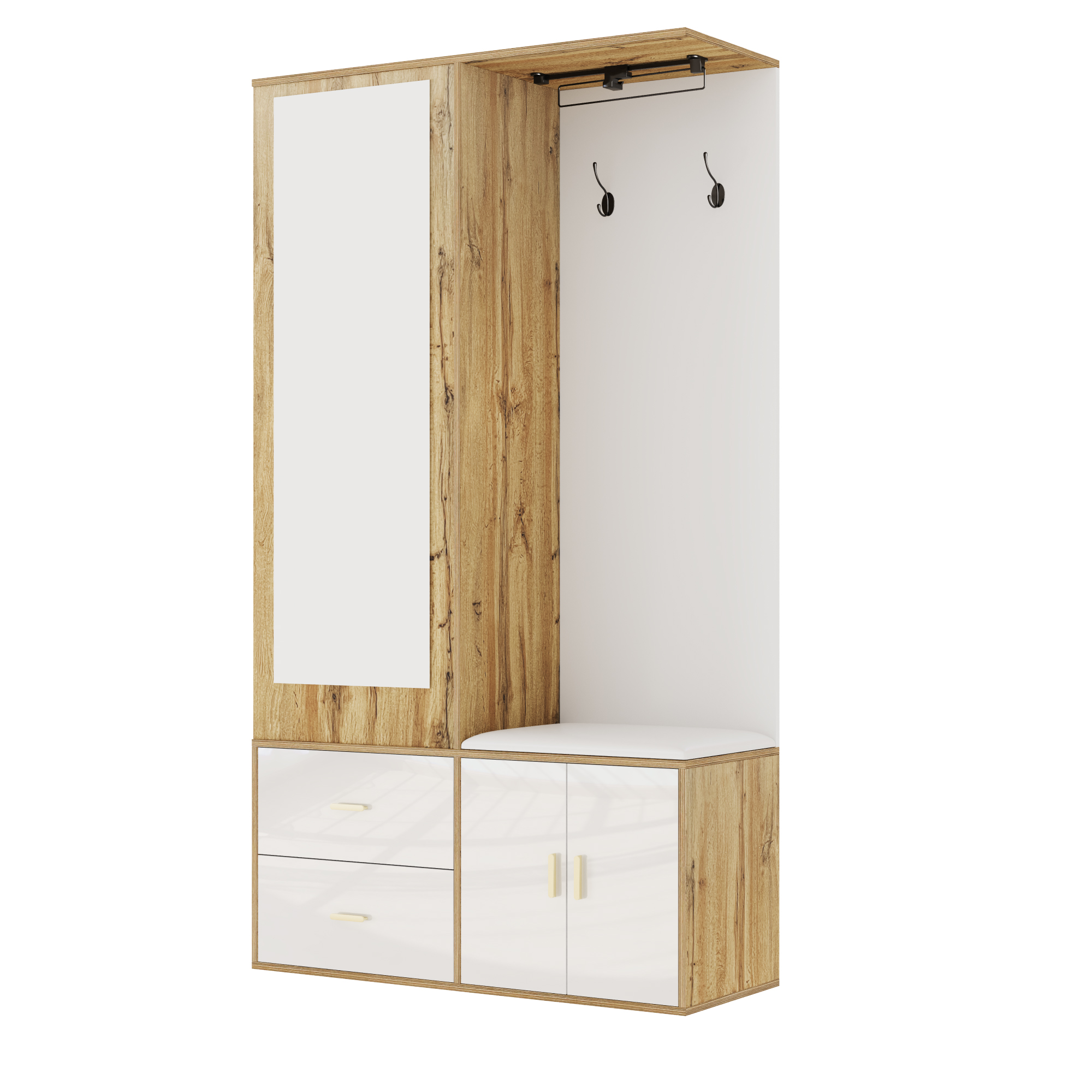 Elegant Wardrobe Set In White And Wooden Colors With Mirror, Shoe Cabinet, Shoe Bench With Hooks And Extendable Wardrobe Bar