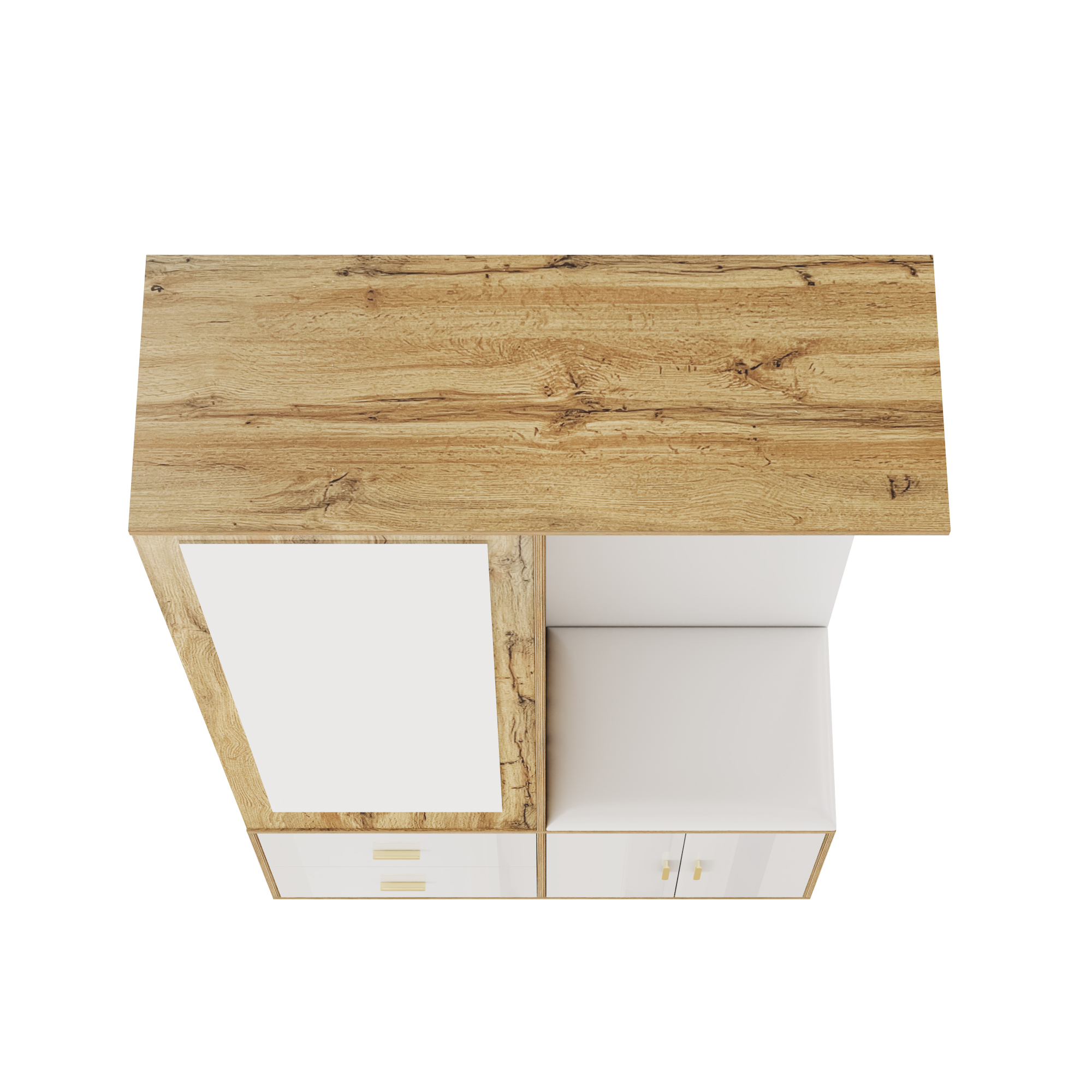 Elegant Wardrobe Set In White And Wooden Colors With Mirror, Shoe Cabinet, Shoe Bench With Hooks And Extendable Wardrobe Bar