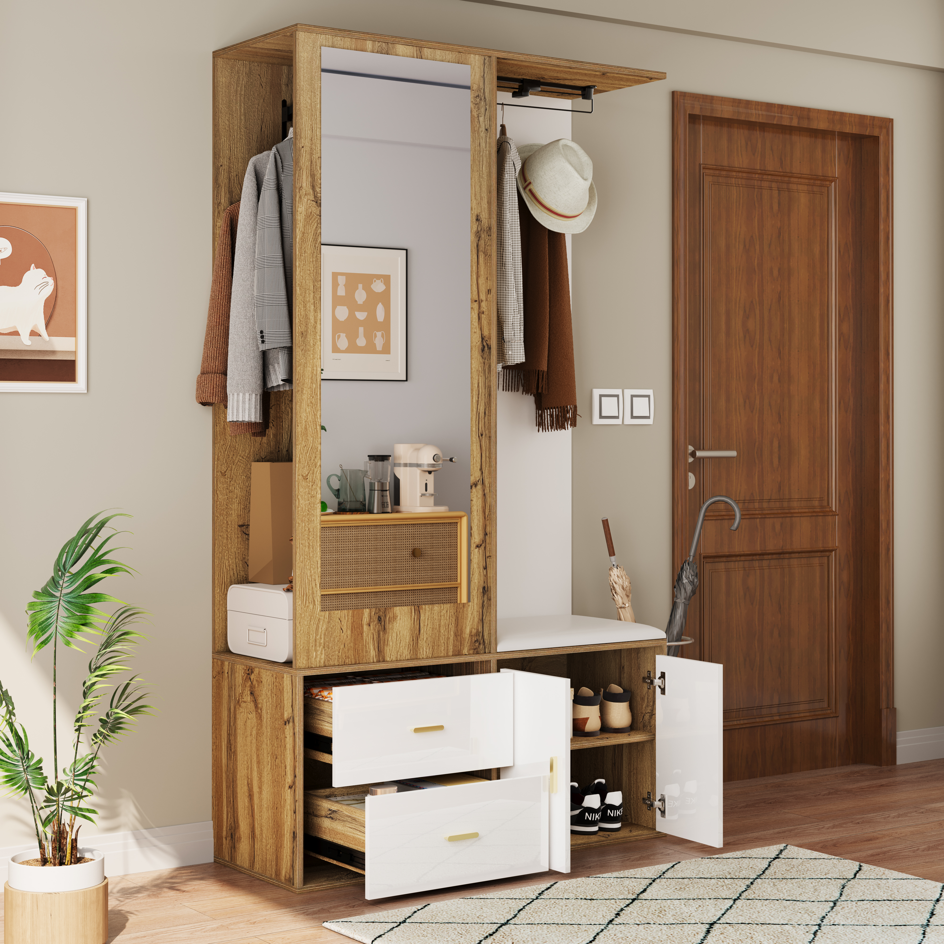 Elegant Wardrobe Set In White And Wooden Colors With Mirror, Shoe Cabinet, Shoe Bench With Hooks And Extendable Wardrobe Bar