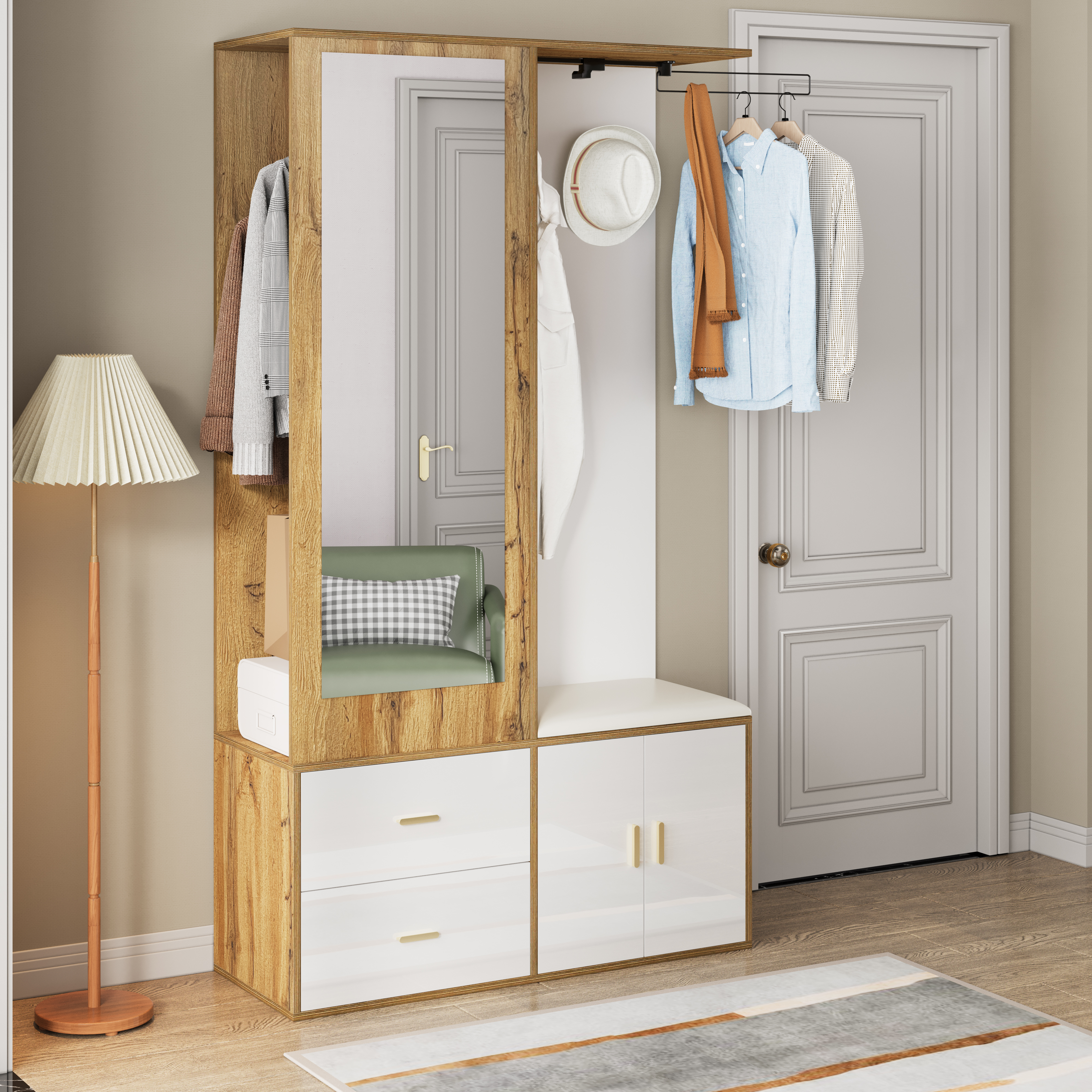 Elegant Wardrobe Set In White And Wooden Colors With Mirror, Shoe Cabinet, Shoe Bench With Hooks And Extendable Wardrobe Bar
