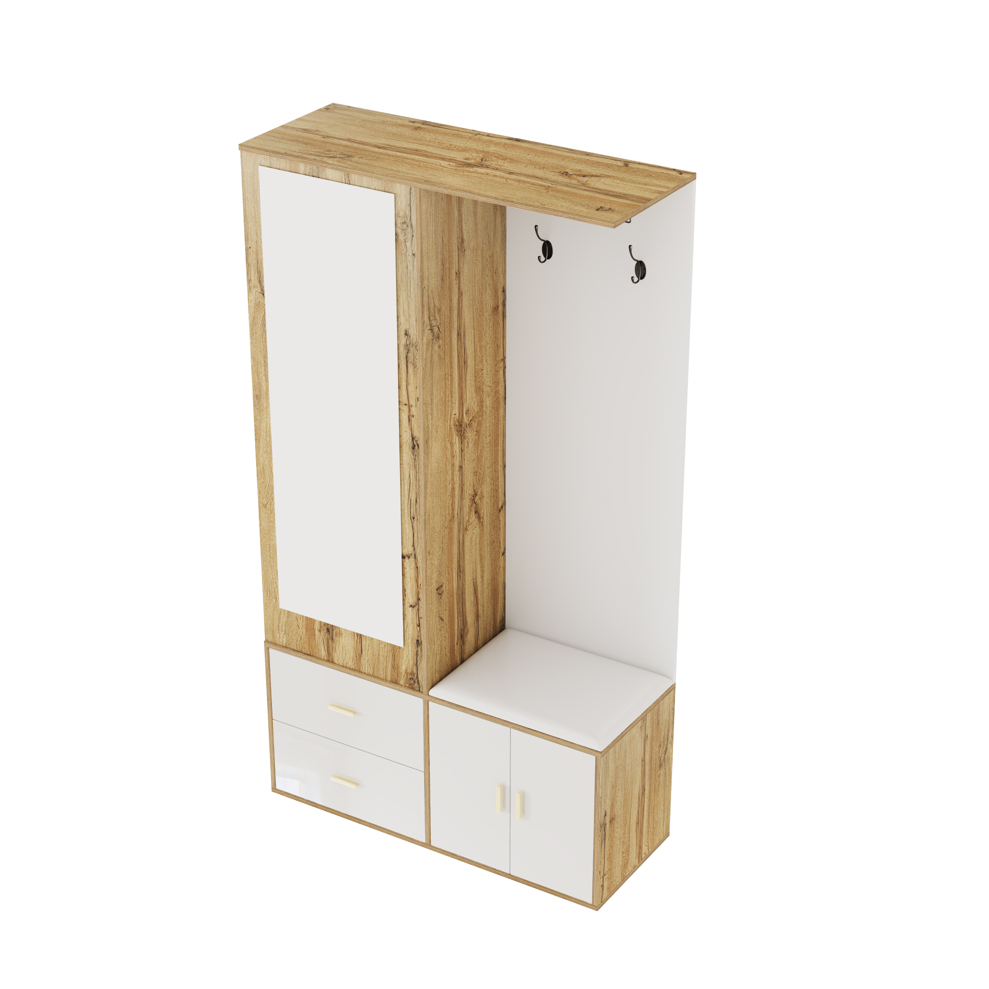 Elegant Wardrobe Set In White And Wooden Colors With Mirror, Shoe Cabinet, Shoe Bench With Hooks And Extendable Wardrobe Bar