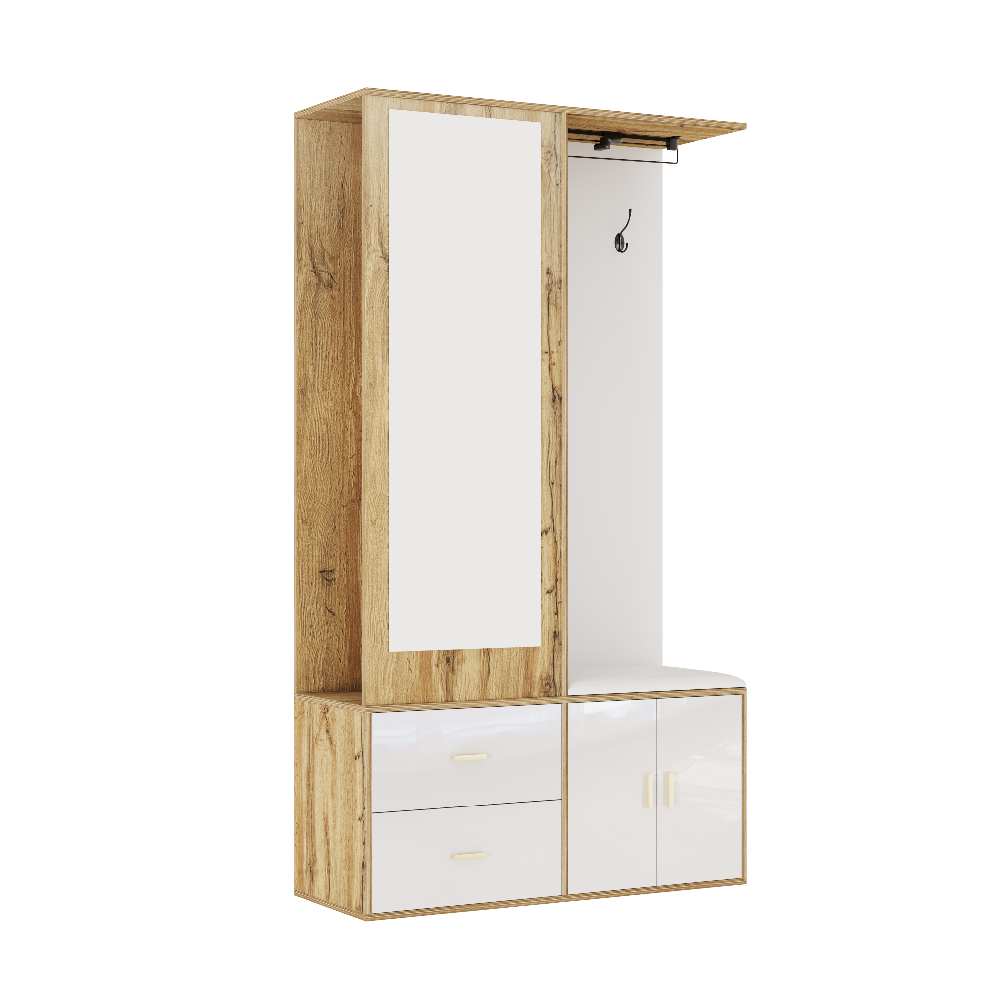 Elegant Wardrobe Set In White And Wooden Colors With Mirror, Shoe Cabinet, Shoe Bench With Hooks And Extendable Wardrobe Bar