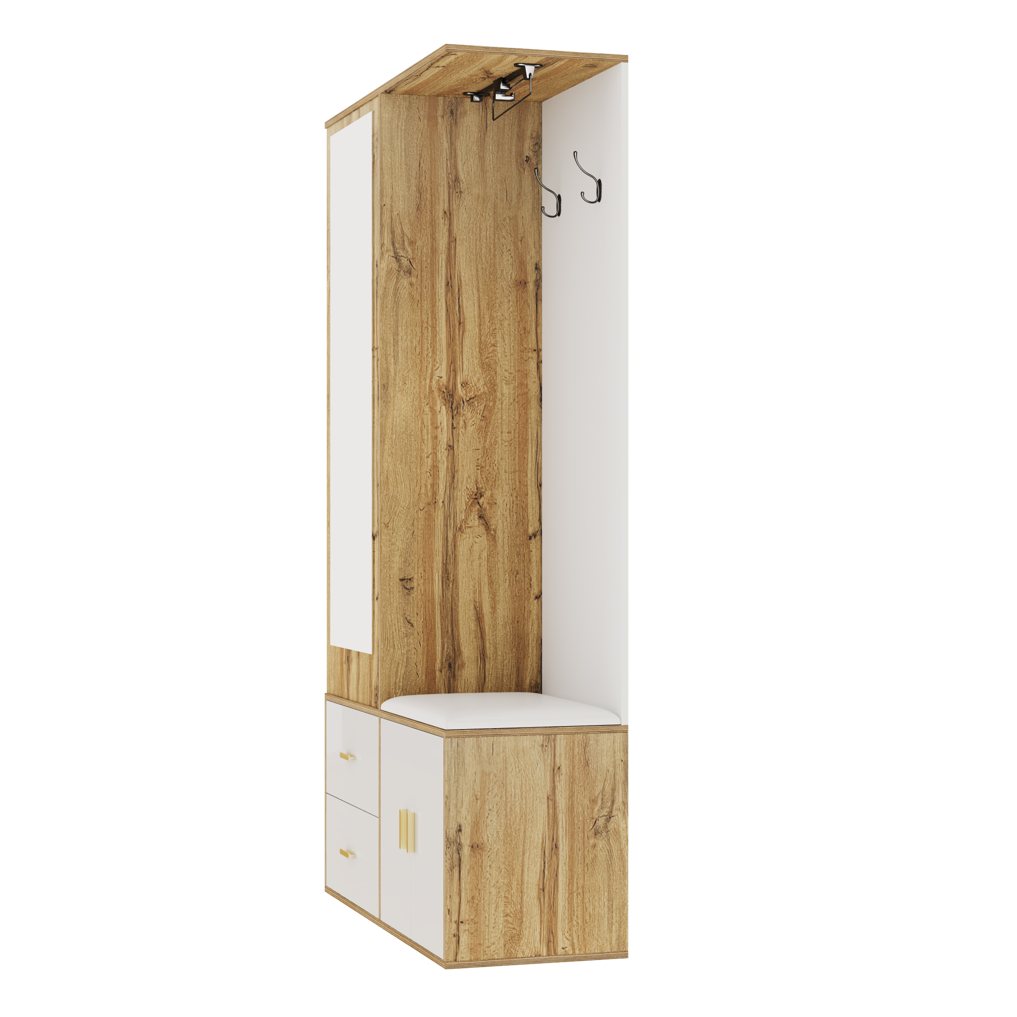 Elegant Wardrobe Set In White And Wooden Colors With Mirror, Shoe Cabinet, Shoe Bench With Hooks And Extendable Wardrobe Bar