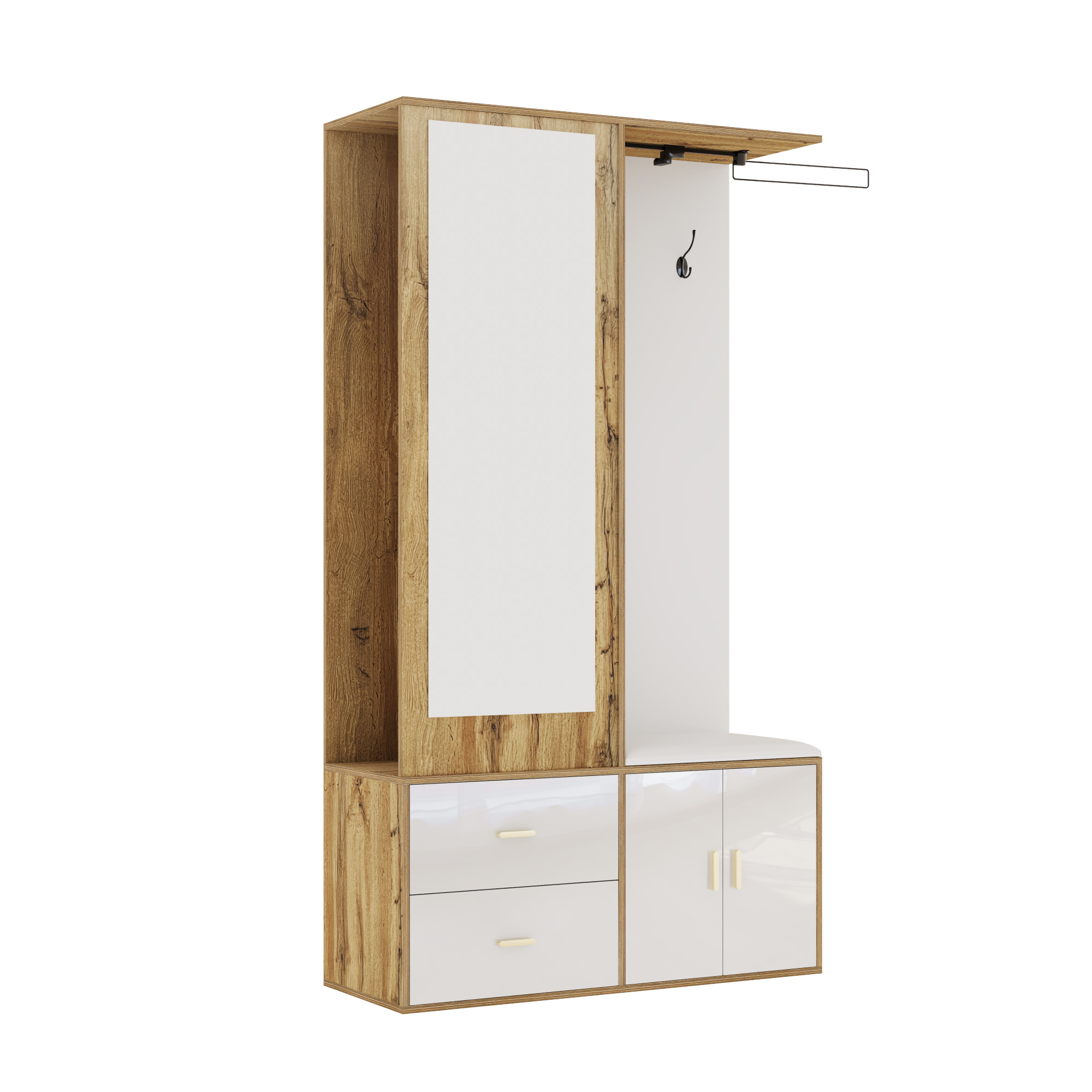 Elegant Wardrobe Set In White And Wooden Colors With Mirror, Shoe Cabinet, Shoe Bench With Hooks And Extendable Wardrobe Bar