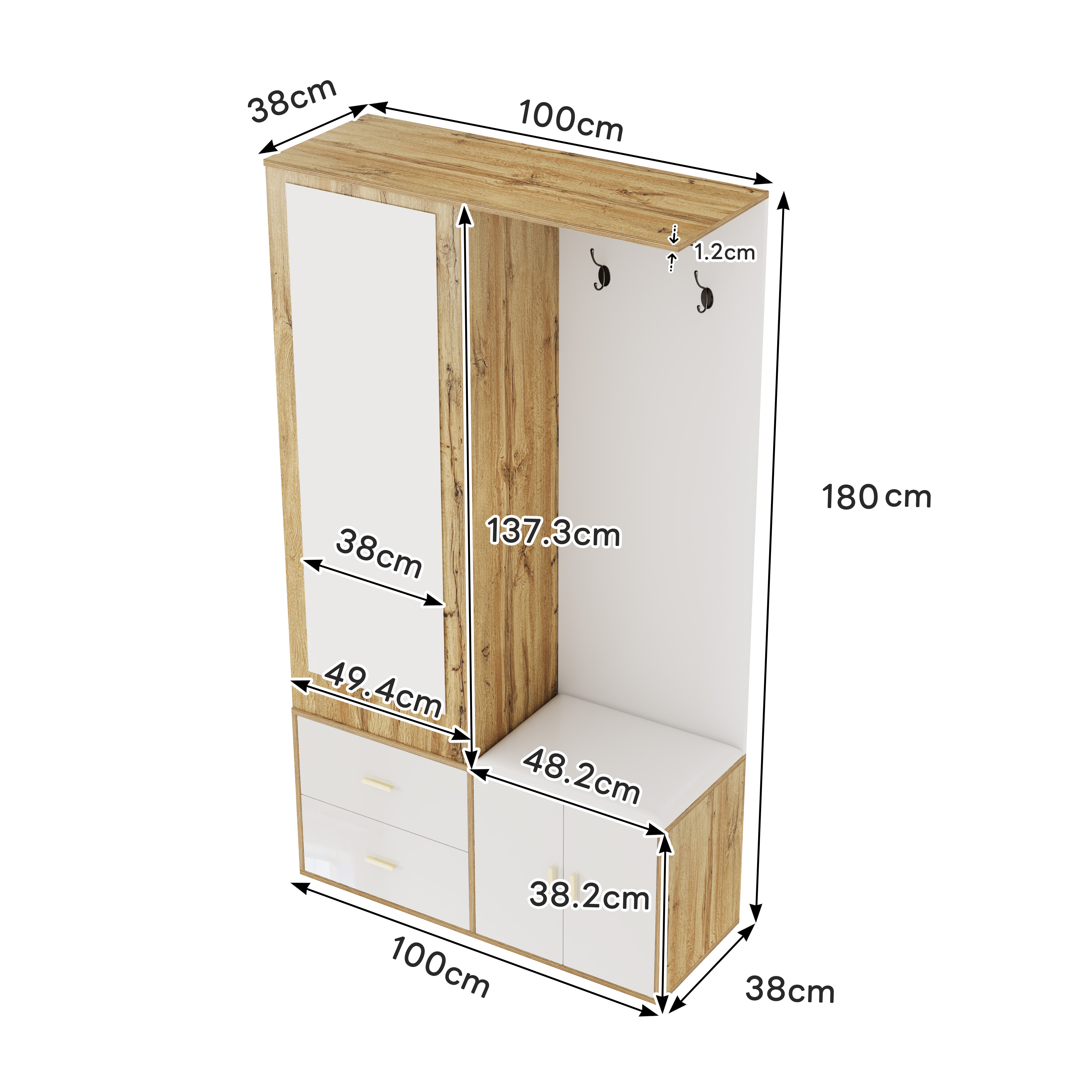 Elegant Wardrobe Set In White And Wooden Colors With Mirror, Shoe Cabinet, Shoe Bench With Hooks And Extendable Wardrobe Bar