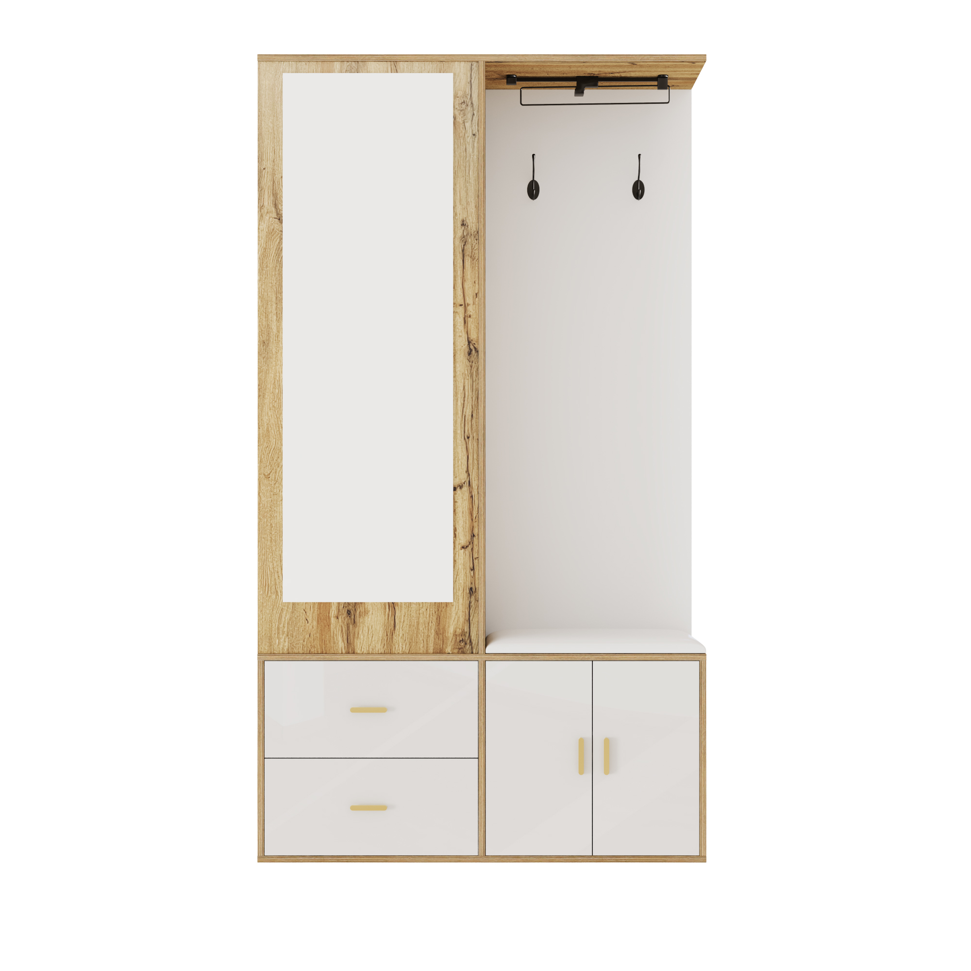 Elegant Wardrobe Set In White And Wooden Colors With Mirror, Shoe Cabinet, Shoe Bench With Hooks And Extendable Wardrobe Bar