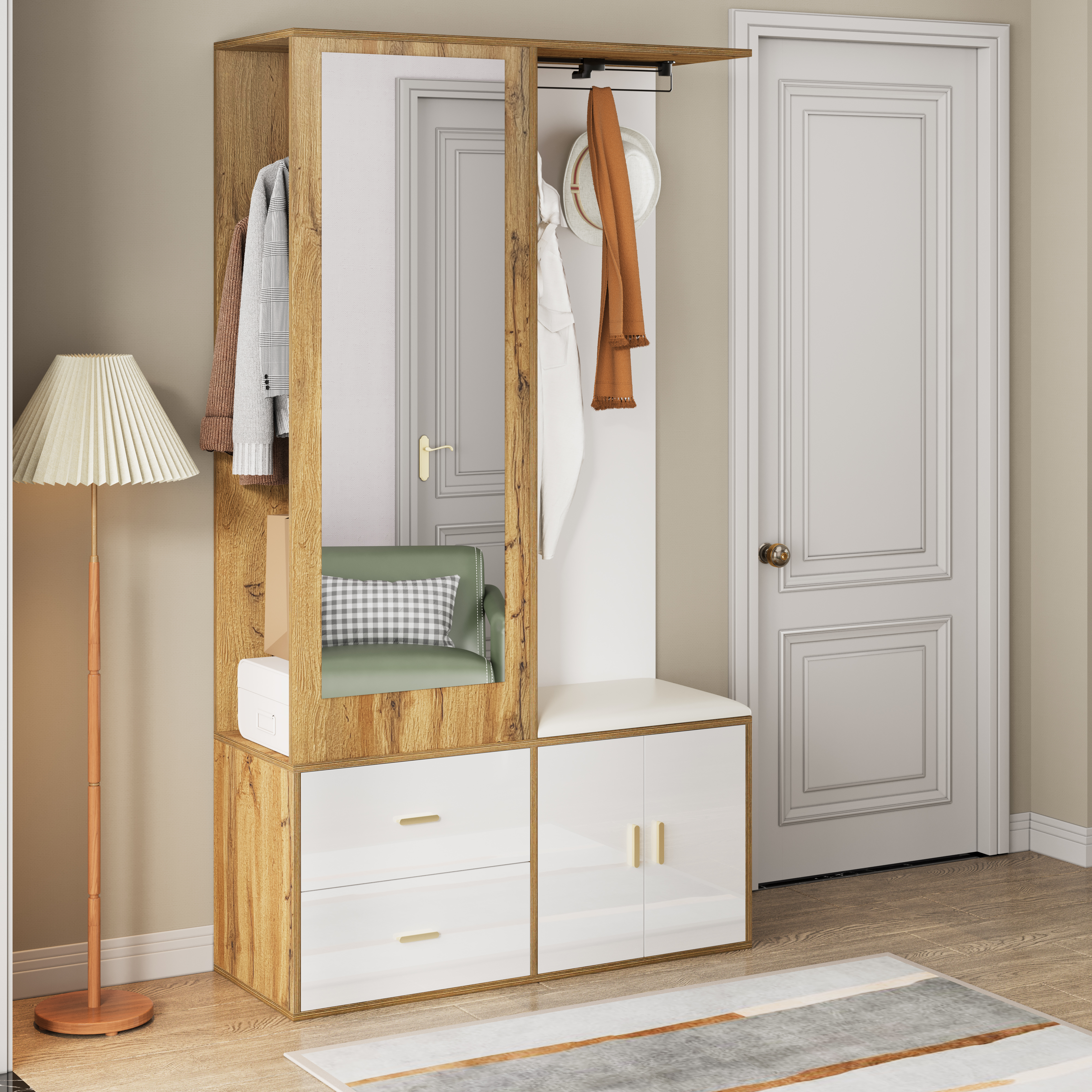 Elegant Wardrobe Set In White And Wooden Colors With Mirror, Shoe Cabinet, Shoe Bench With Hooks And Extendable Wardrobe Bar