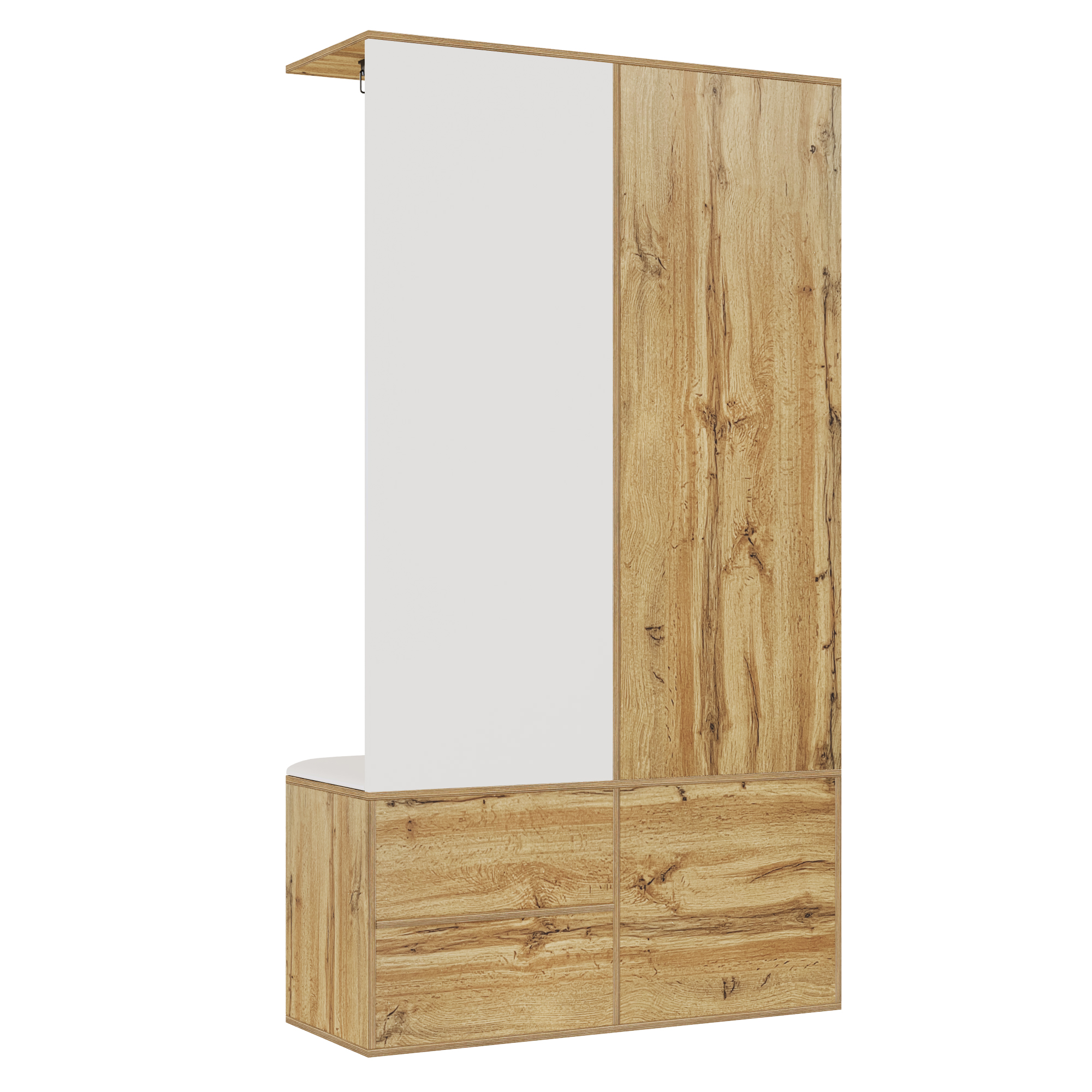 Elegant Wardrobe Set In White And Wooden Colors With Mirror, Shoe Cabinet, Shoe Bench With Hooks And Extendable Wardrobe Bar