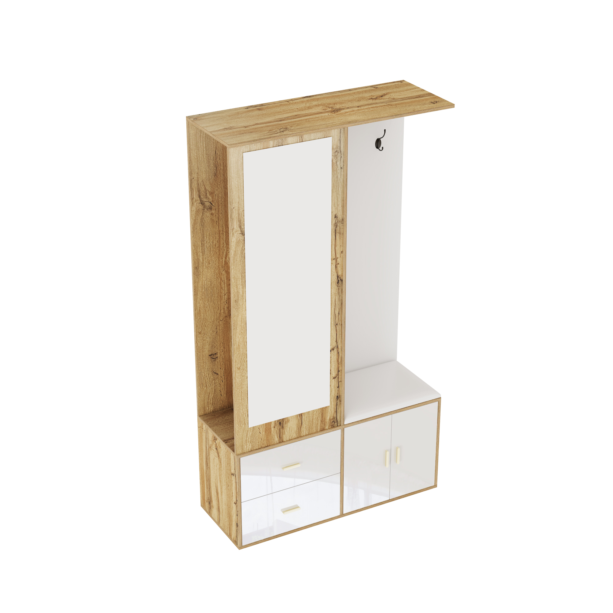 Elegant Wardrobe Set In White And Wooden Colors With Mirror, Shoe Cabinet, Shoe Bench With Hooks And Extendable Wardrobe Bar