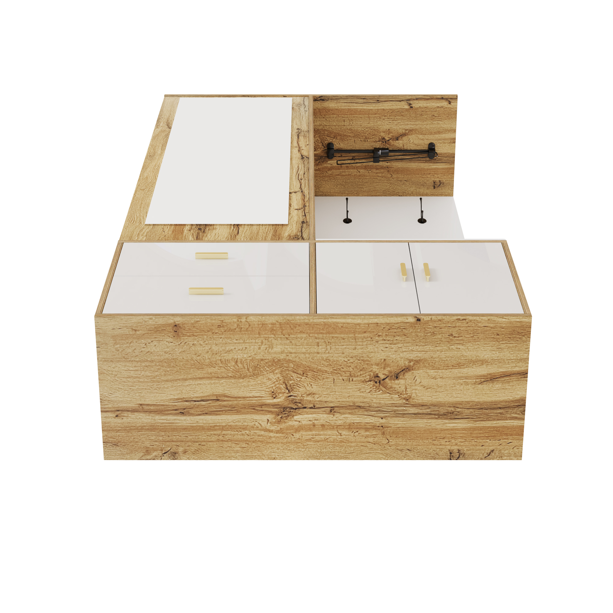 Elegant Wardrobe Set In White And Wooden Colors With Mirror, Shoe Cabinet, Shoe Bench With Hooks And Extendable Wardrobe Bar