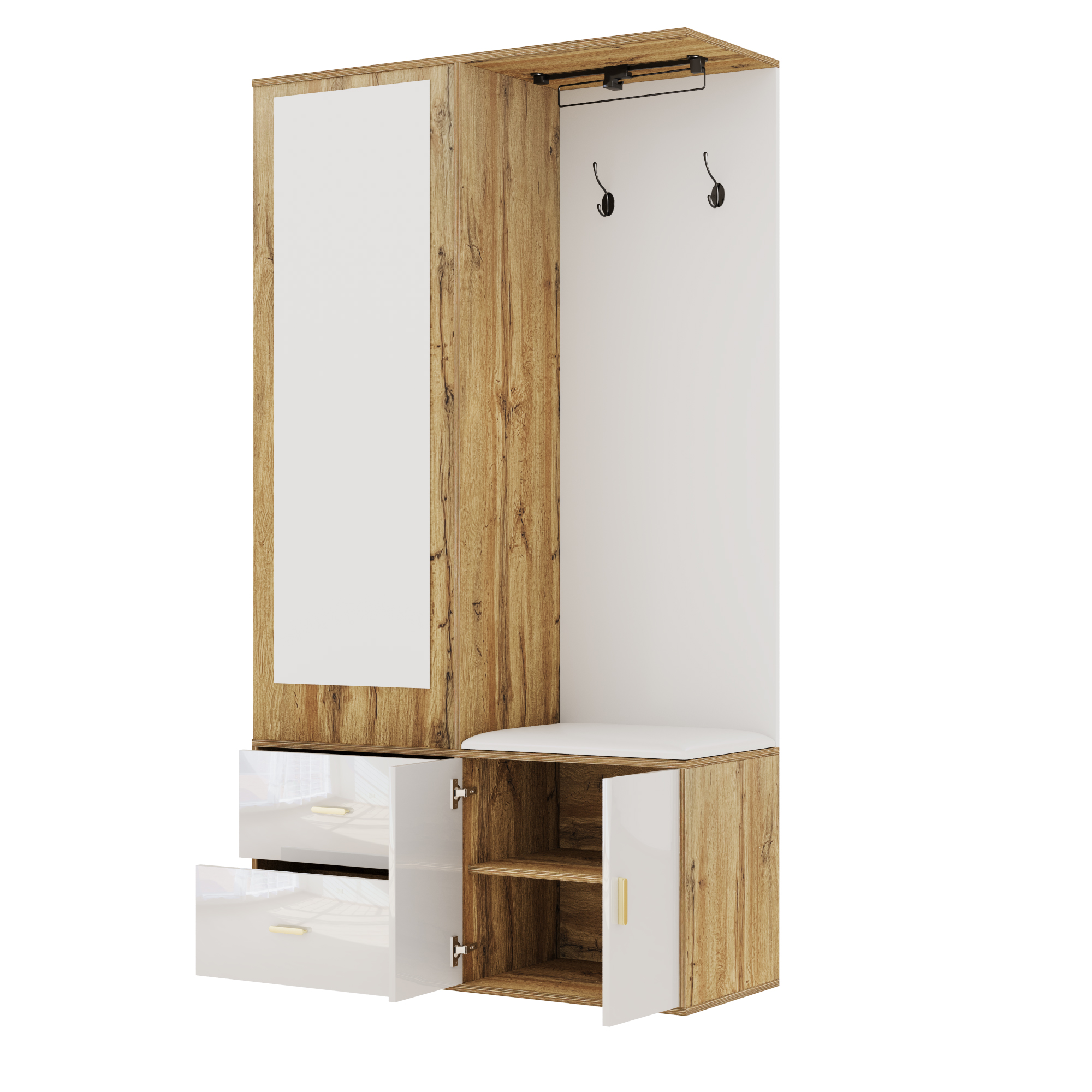 Elegant Wardrobe Set In White And Wooden Colors With Mirror, Shoe Cabinet, Shoe Bench With Hooks And Extendable Wardrobe Bar