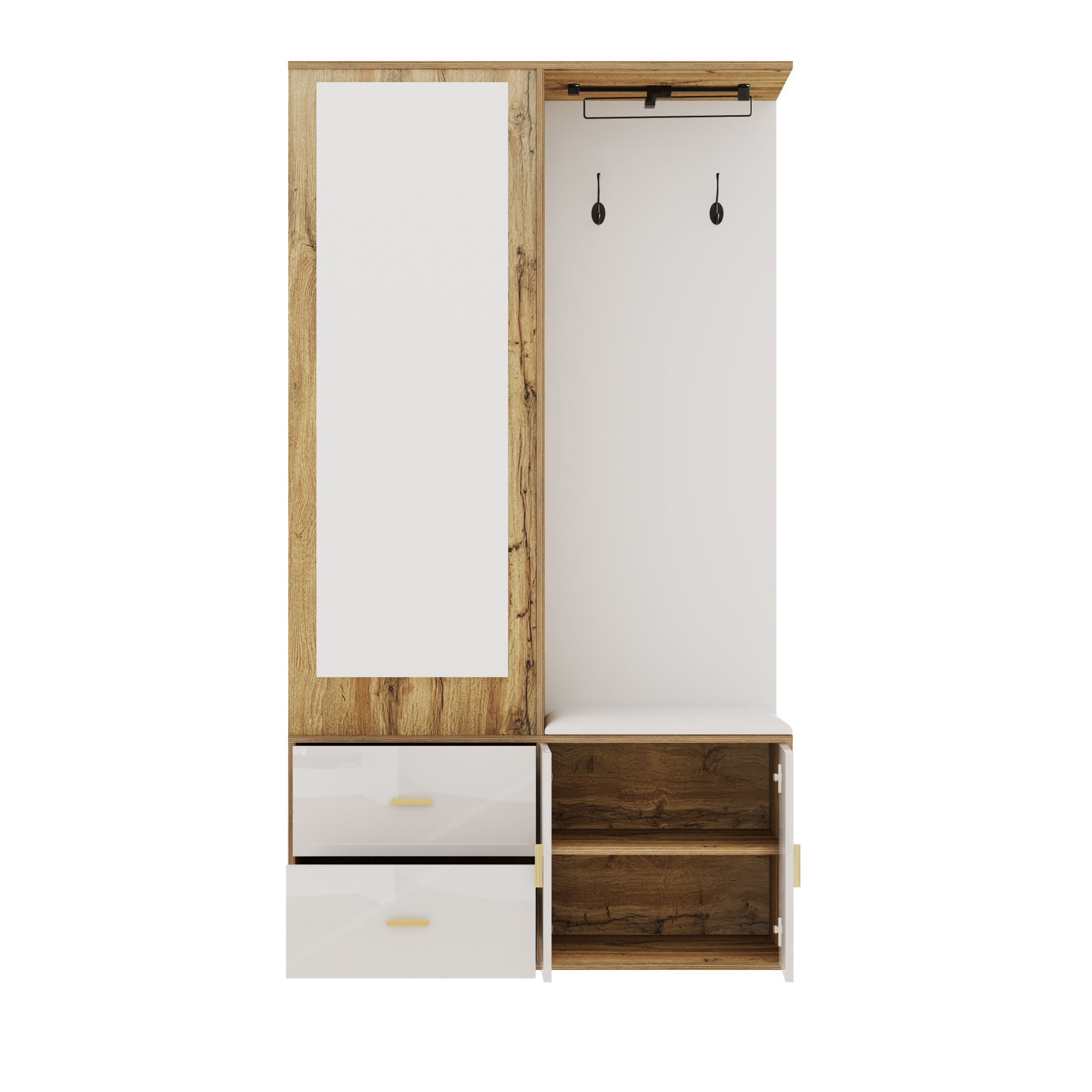 Elegant Wardrobe Set In White And Wooden Colors With Mirror, Shoe Cabinet, Shoe Bench With Hooks And Extendable Wardrobe Bar