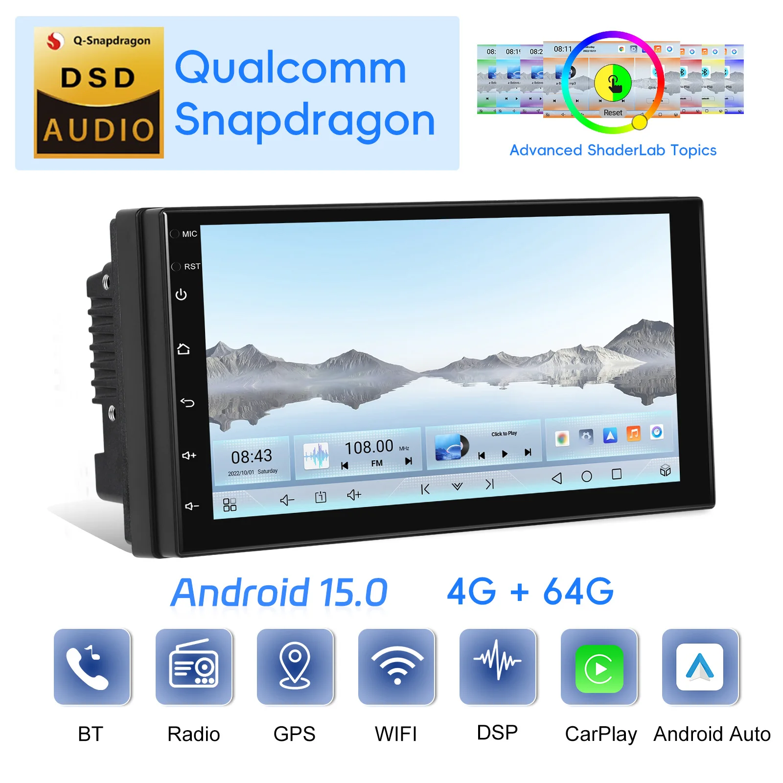 Podofo 2Din 4+64G Android Car Radio Snapdragon 8 Core Universal Car Intelligent System Carplay Android Auto GPS WIFI Mirror Link