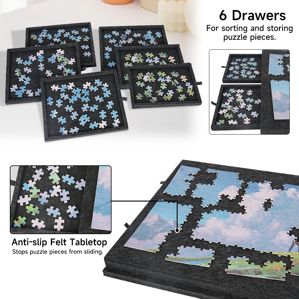 1000 Piece Puzzle Board with 6 Drawers, Felt Jigsaw Puzzle Table 2-in-1 Stand & Cover, Lightweight Portable Puzzle Mat 77×54cm