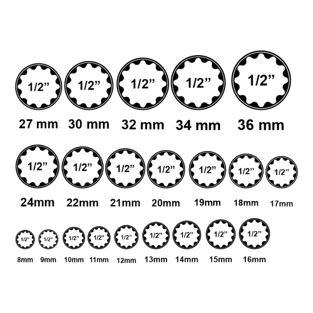 Podofo 1/2" Drive Socket Spanner Set 21PCS Multi-Tooth 6 12 Point External Socket Tool Kit for Auto Repair