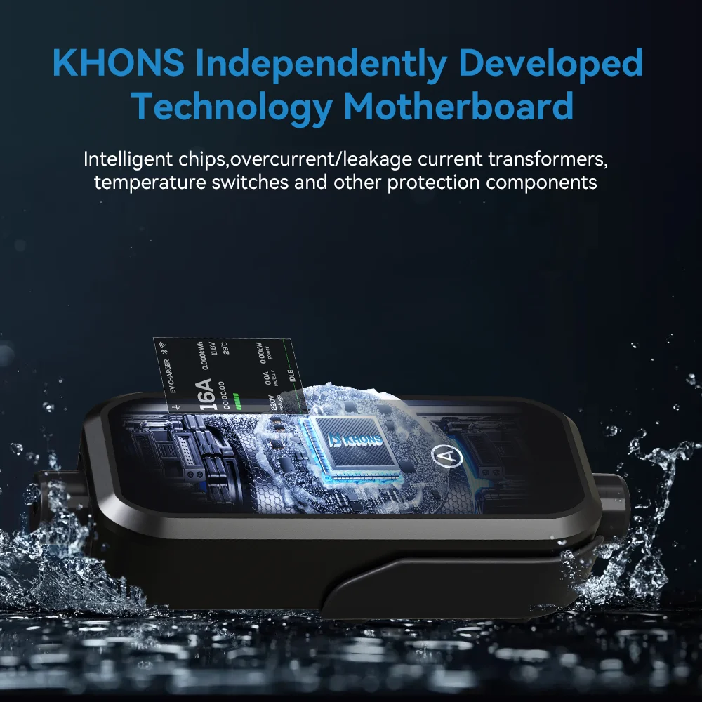 Khons Type2 3.5kW 16A Portable EV Charger Schuko Plug EVSE With App Bluetooth Control 5m TPU Cable For Electric Vehicle