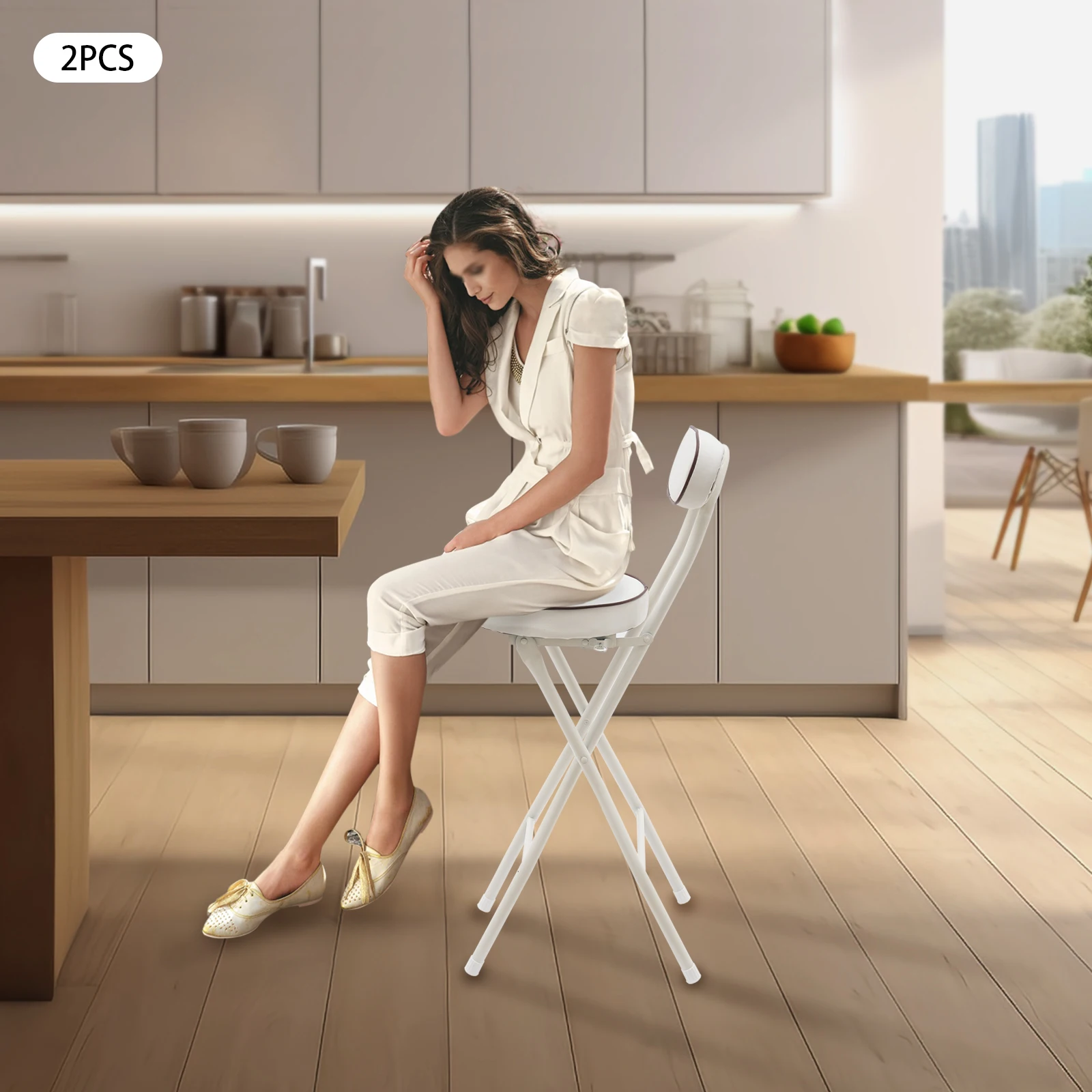 2PCS Bar Stool Foldable Bar Stool High Chair Set PU Cushion for Kitchen Counter Camping