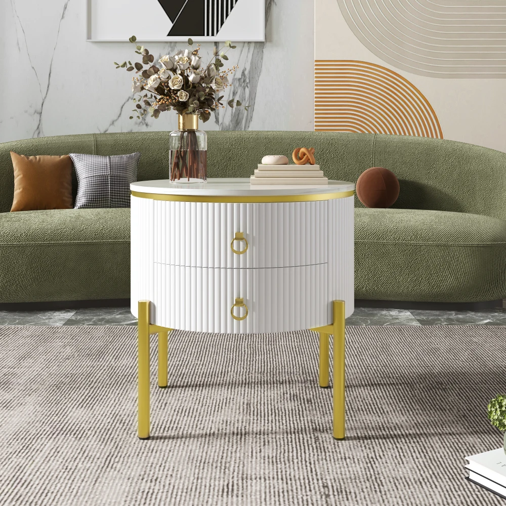Modern Luxury Side Table Set with Storage Drawers, Marble Texture Surface Golden Metal Legs & Handles Adjustable Elegant