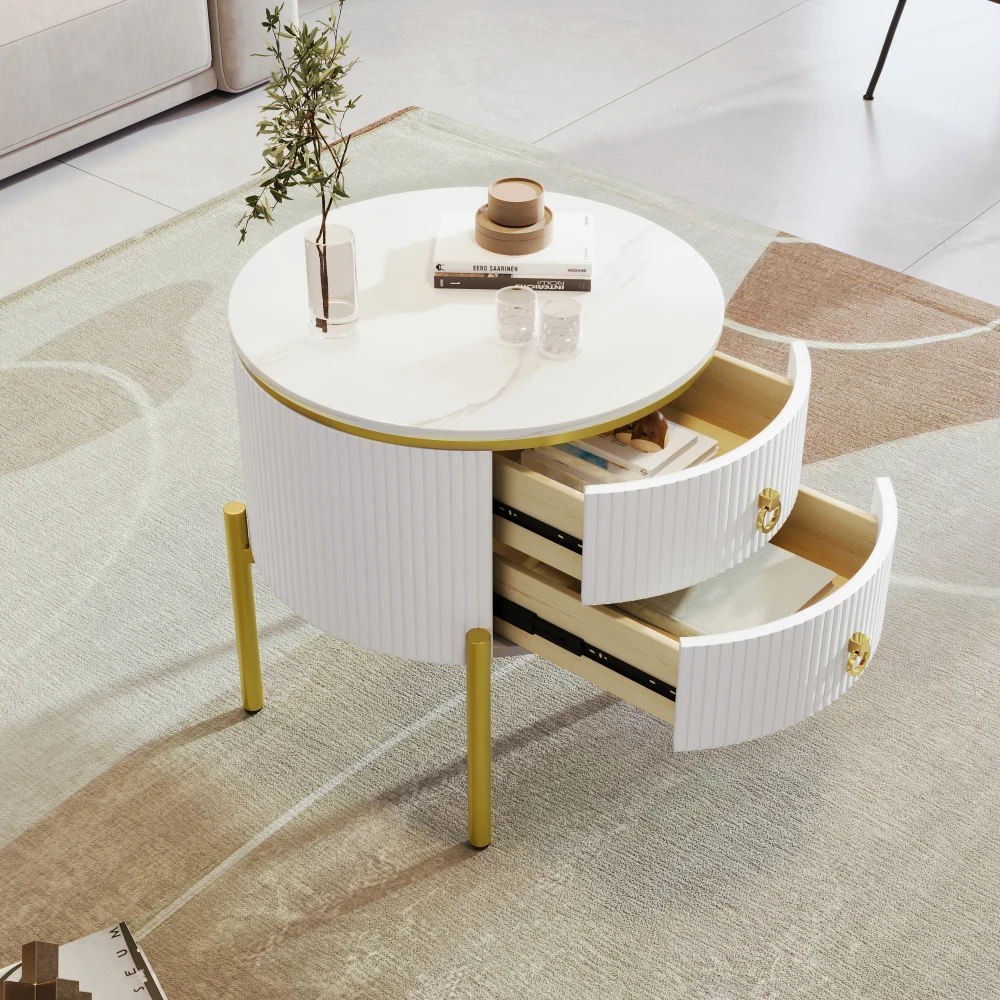 Modern Luxury Side Table Set with Storage Drawers, Marble Texture Surface Golden Metal Legs & Handles Adjustable Elegant