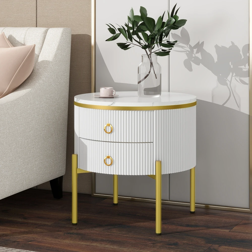 Modern Luxury Side Table Set with Storage Drawers, Marble Texture Surface Golden Metal Legs & Handles Adjustable Elegant